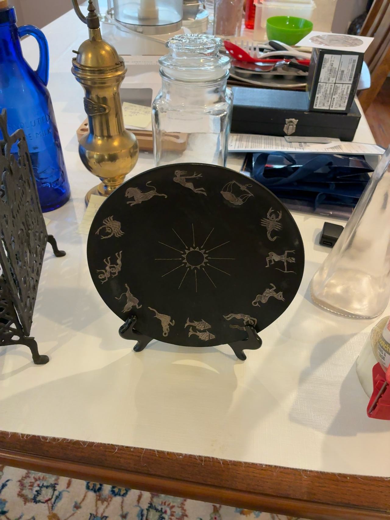 Vintage Metal Zodiac Plate Black Silver 65x65