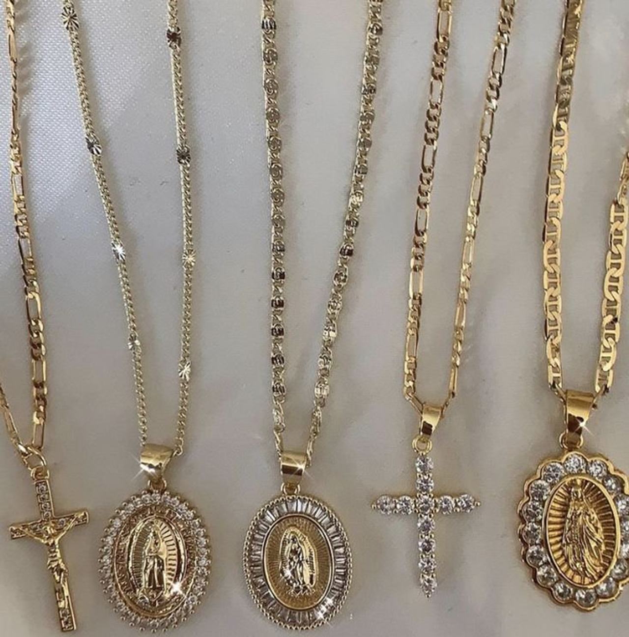 Gold Plated Virgin Mary Medallion Necklace with CZ Stones