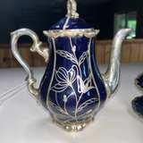 Vintage Blue Porcelain and Silver Tea Set (Germany, 8-Person) - Image 6
