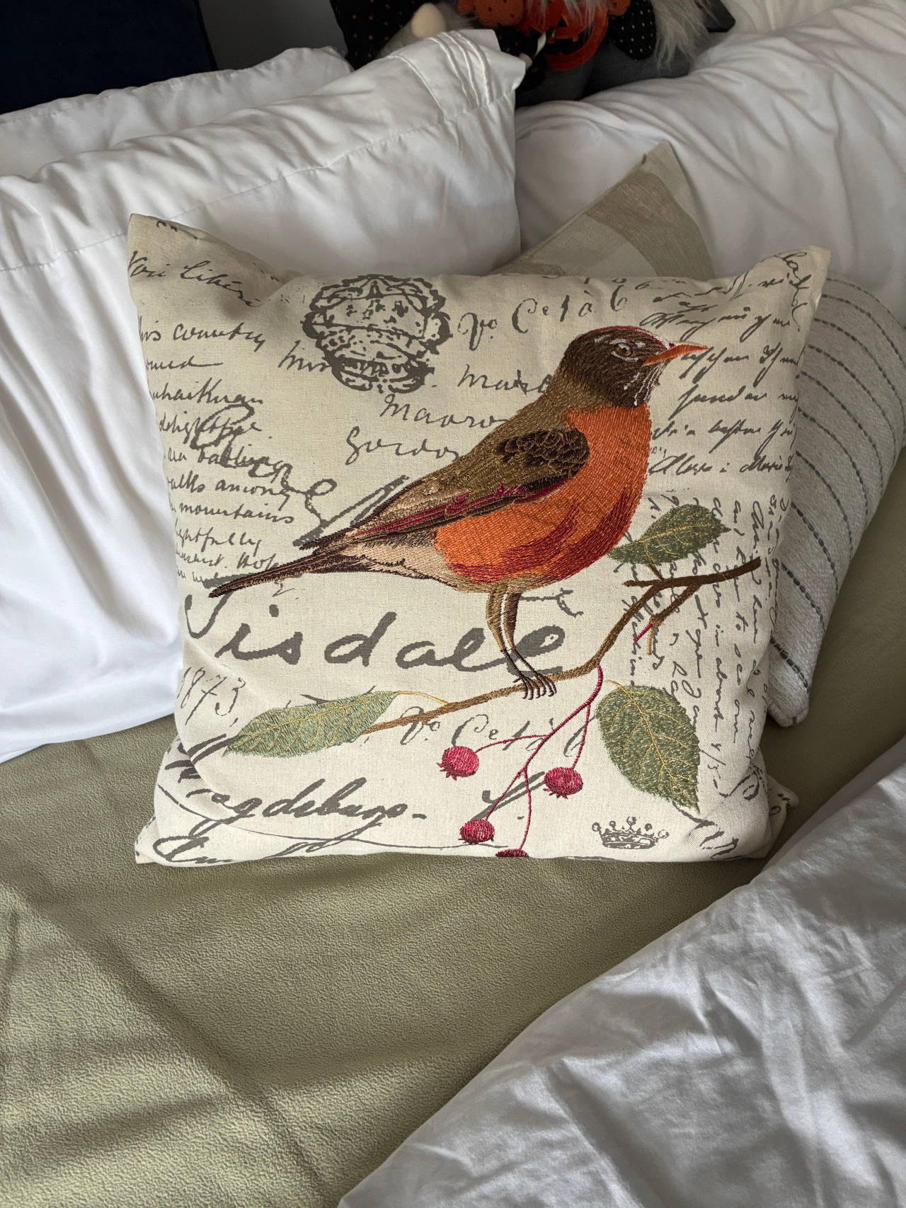 Decorative Throw Pillow with Bird Embroidery