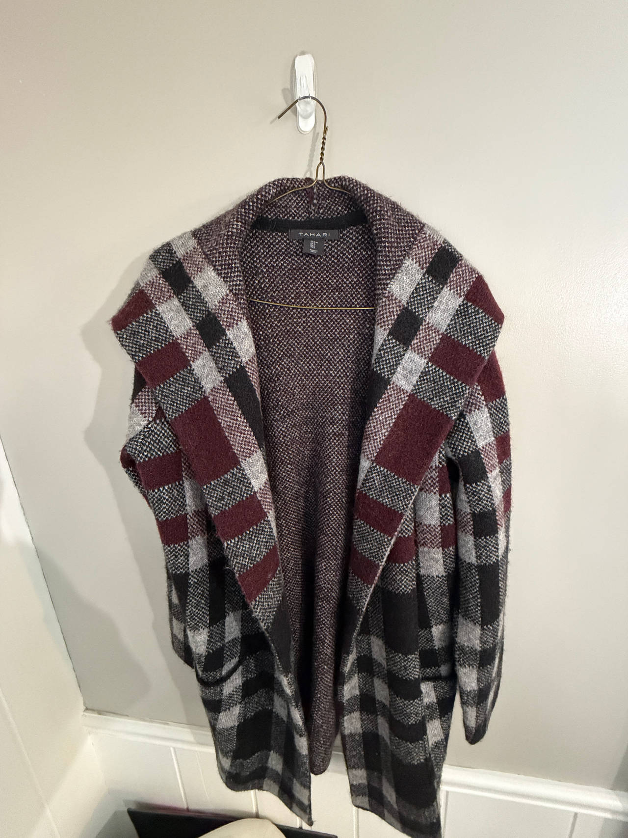 Tahari Plaid Open Front Cardigan Coat Size Large