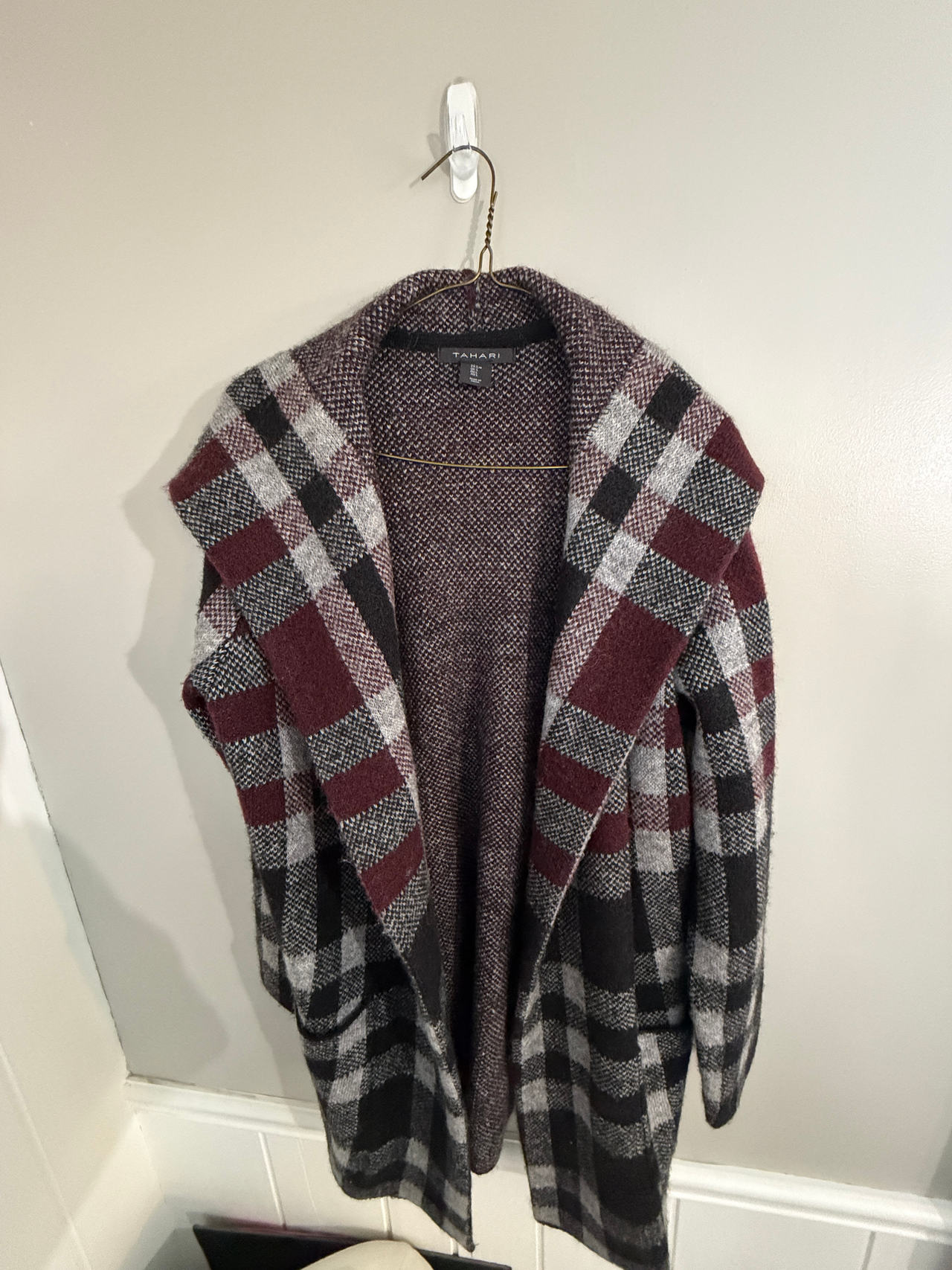 Tahari Plaid Open Front Cardigan Coat Size Large
