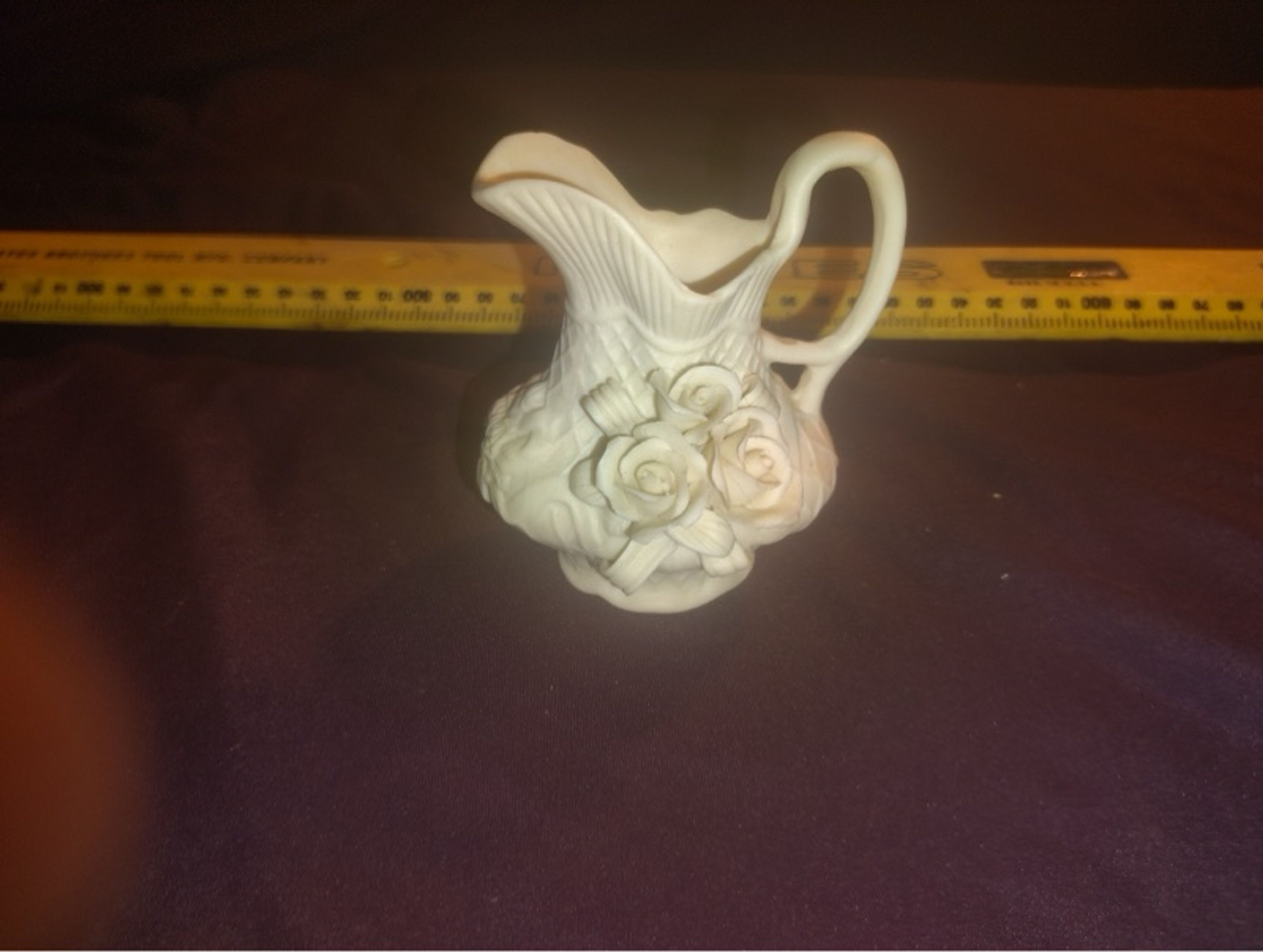 Pearl Porcelain Vintage Ivory Bisque Ceramic Pitcher with Rose Appliques