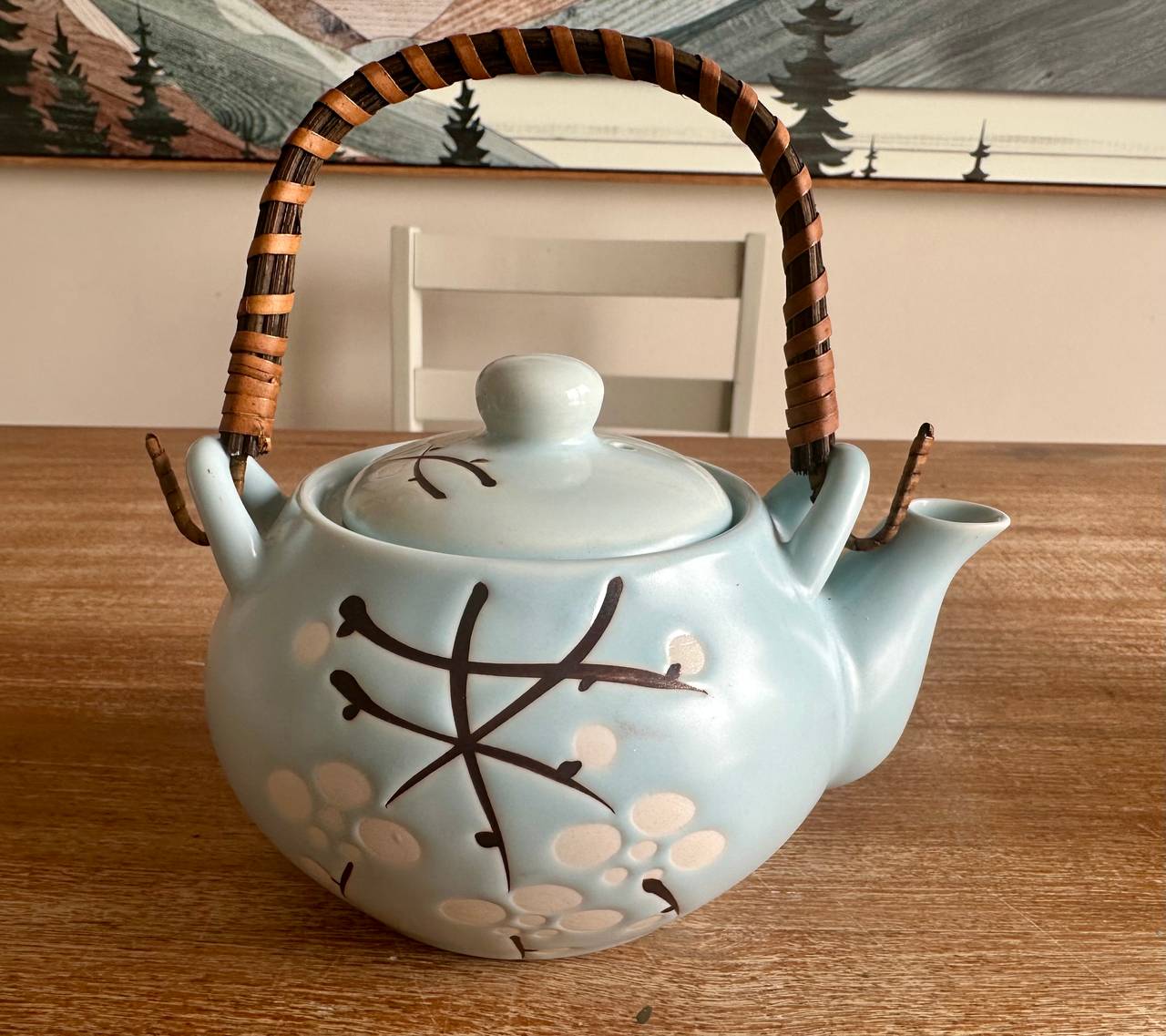 Vintage Japanese Style Ceramic Teapot with Bamboo Handle