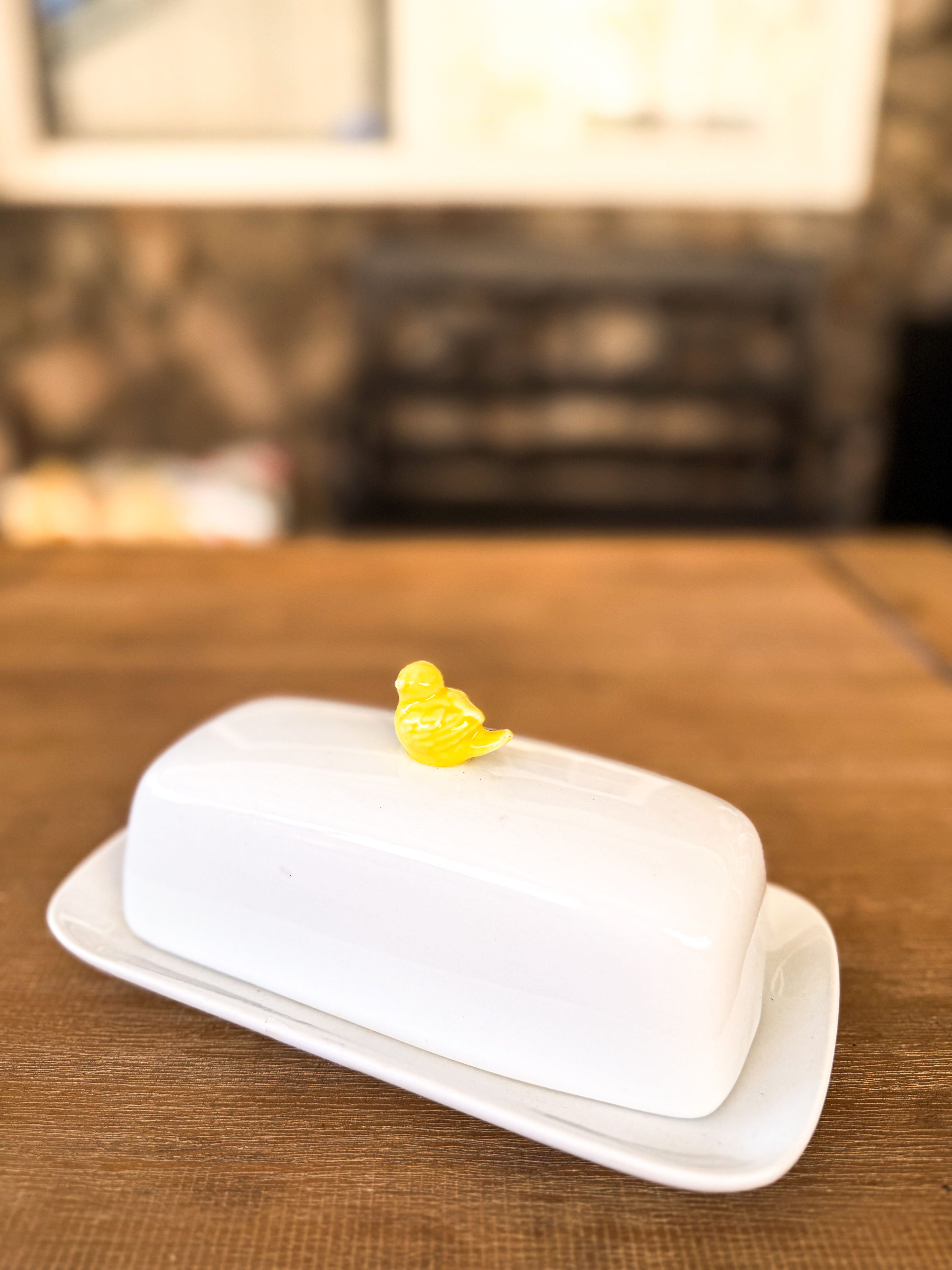 Vintage White Ceramic Butter Dish with Yellow Chick Knob - Image 4