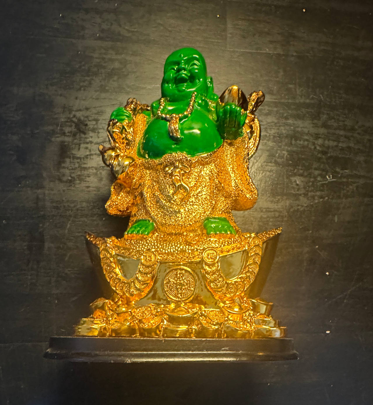 Laughing Buddha Statue with Gold Robes and Money Base