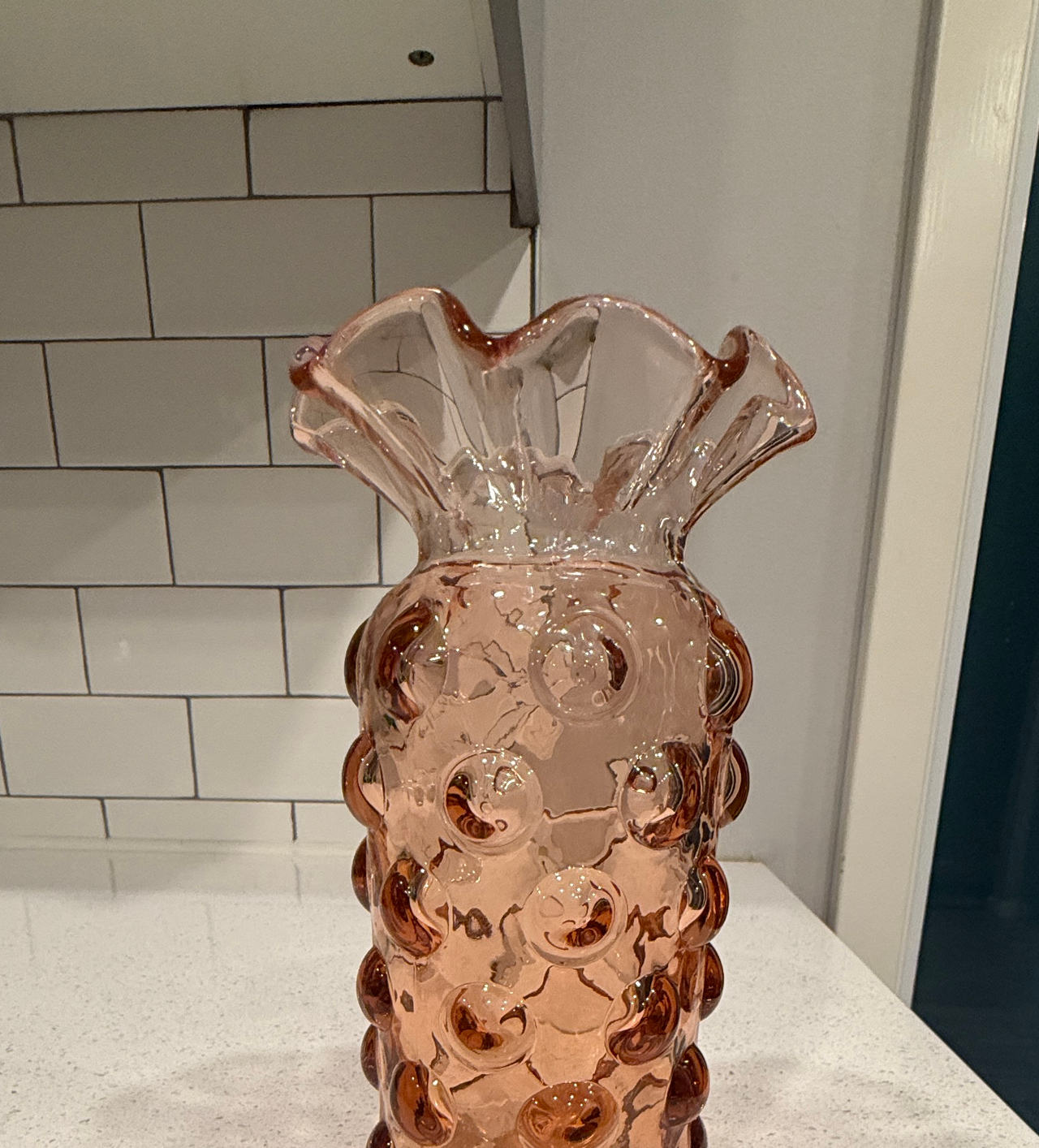 Fenton Pink Hobnail Ruffled Glass Vase