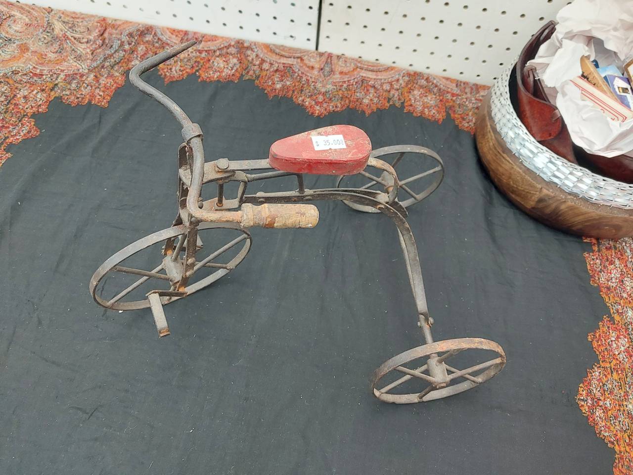 Antique Wrought Iron Tricycle with Red Wood Seat