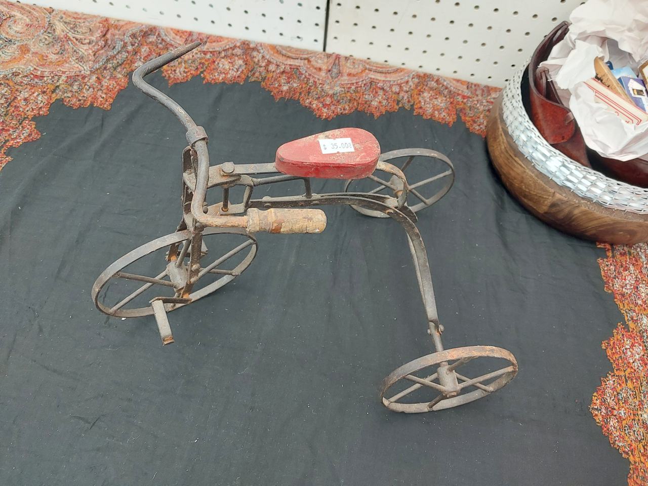Antique Wrought Iron Tricycle with Red Wood Seat