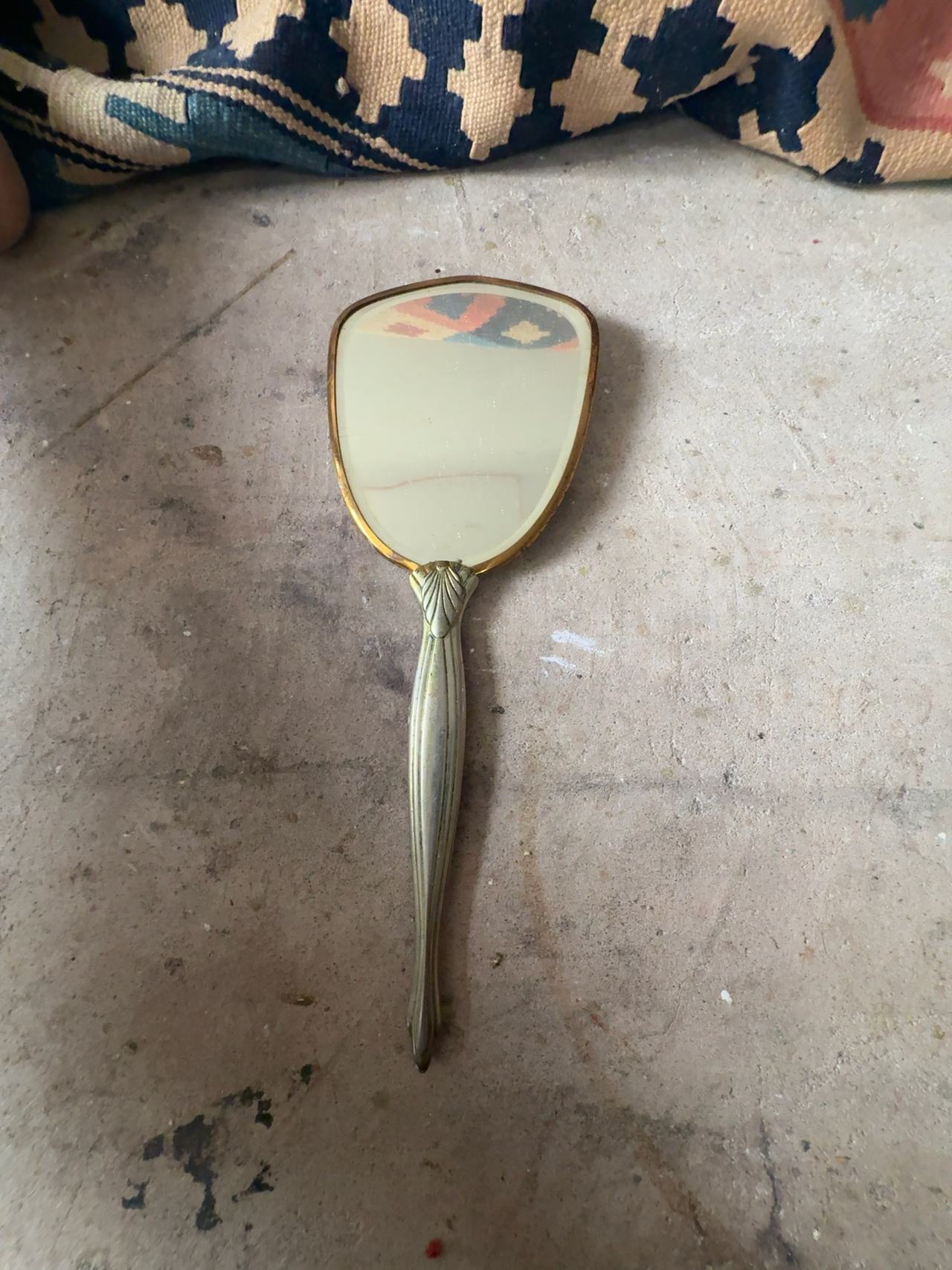 Vintage Gold Tone Victorian Style Hand Held Vanity Mirror with Floral Back