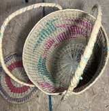 Vintage Handwoven Lidded Basket w Handles Natural Fiber Pink Green Storage Hampr - Image 3