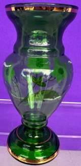 Hand Painted Emerald Green Glass Floral Vase - Image 2