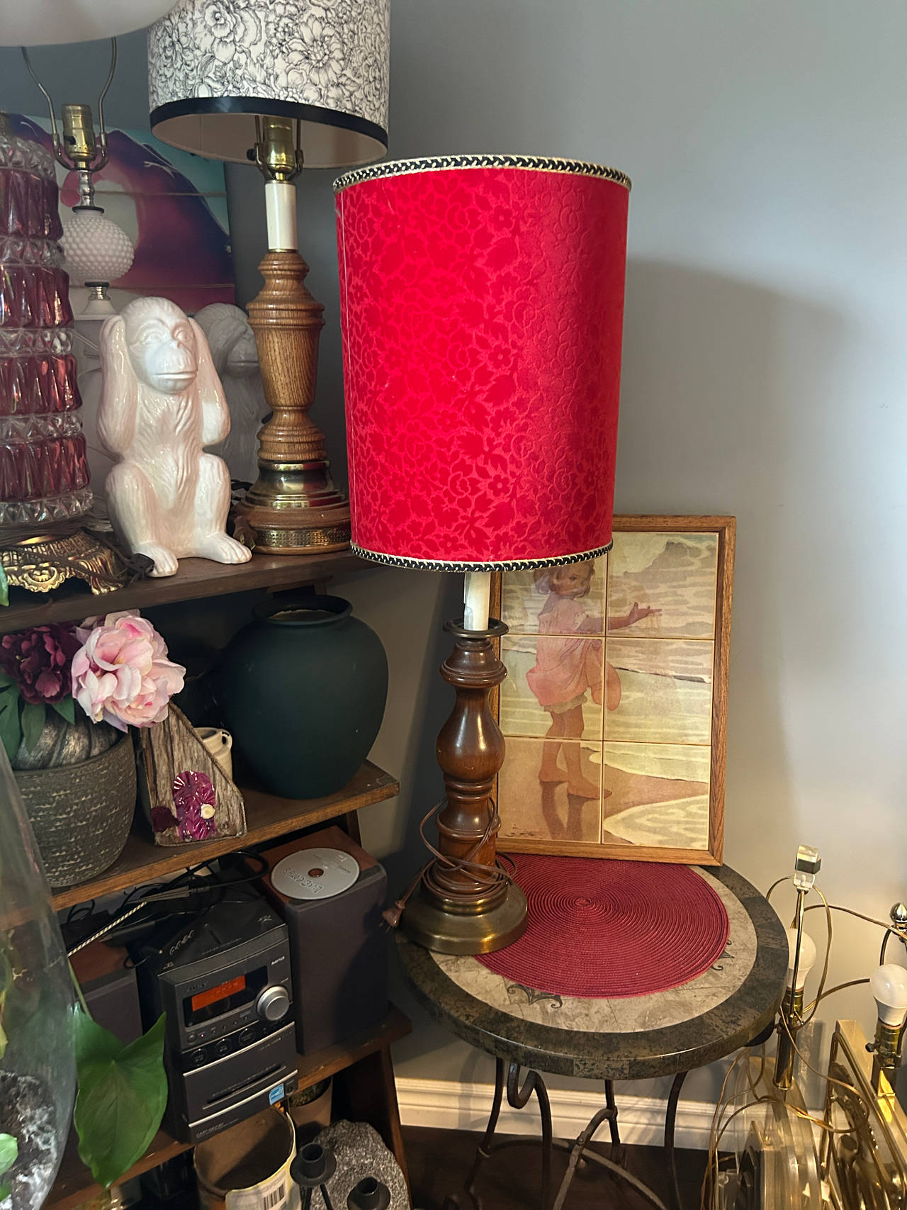 Vintage Table Lamp with Red Damask Shade