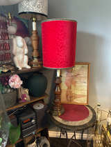 Vintage Table Lamp with Red Damask Shade - Image 1