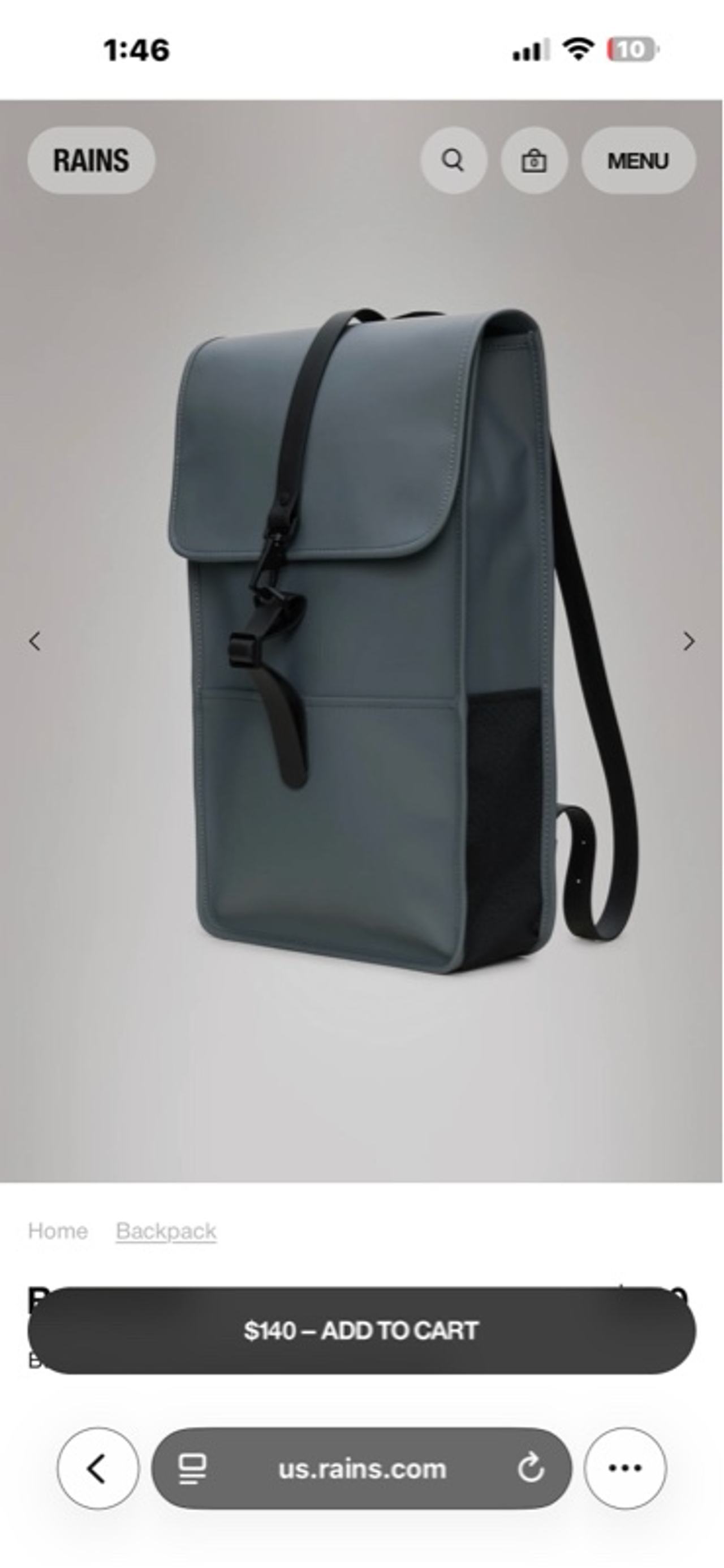 RAINS Mini Waterproof Backpack Grey