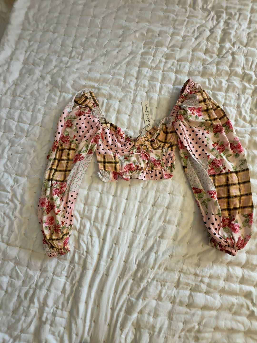 NWT For Love & Lemons Marissa Patchwork Floral Crop Top: XS
