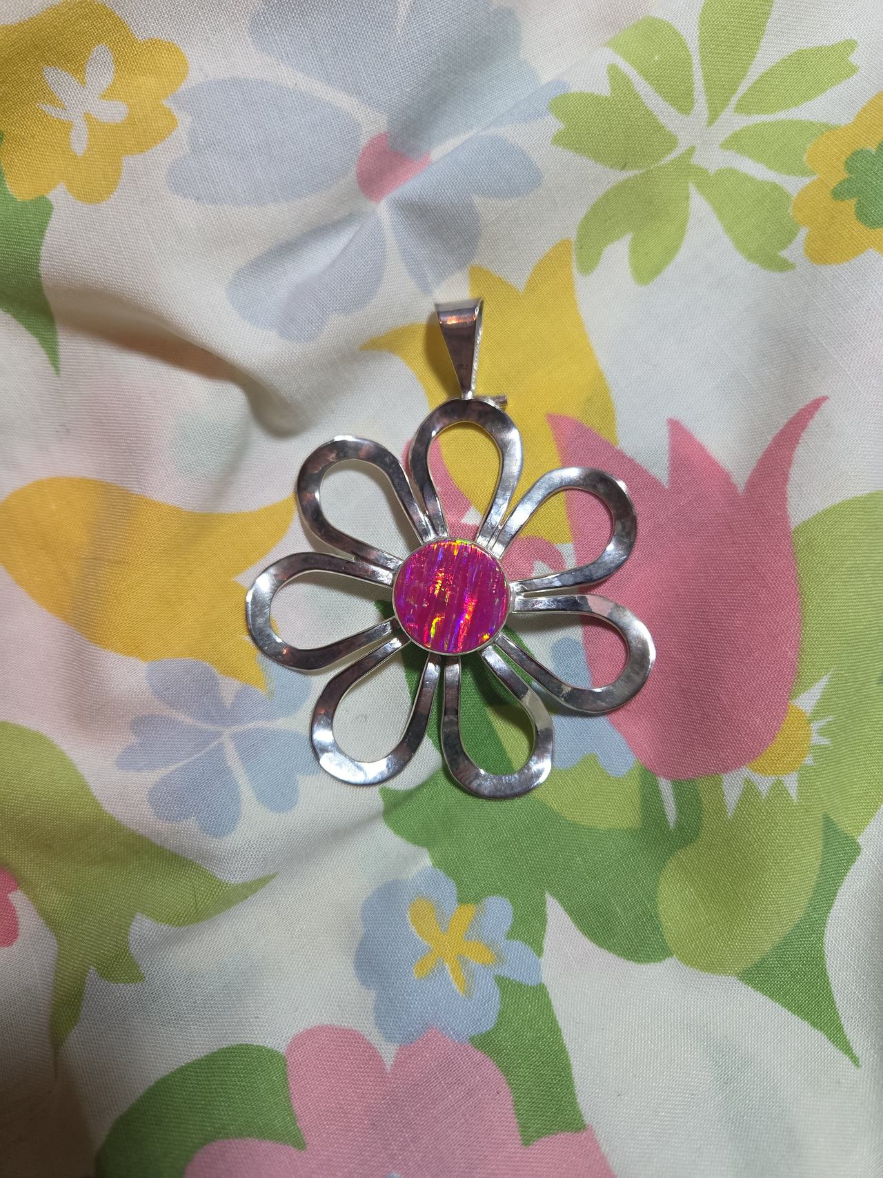 Silver Tone Flower Pendant with Pink Dichroic Glass Center