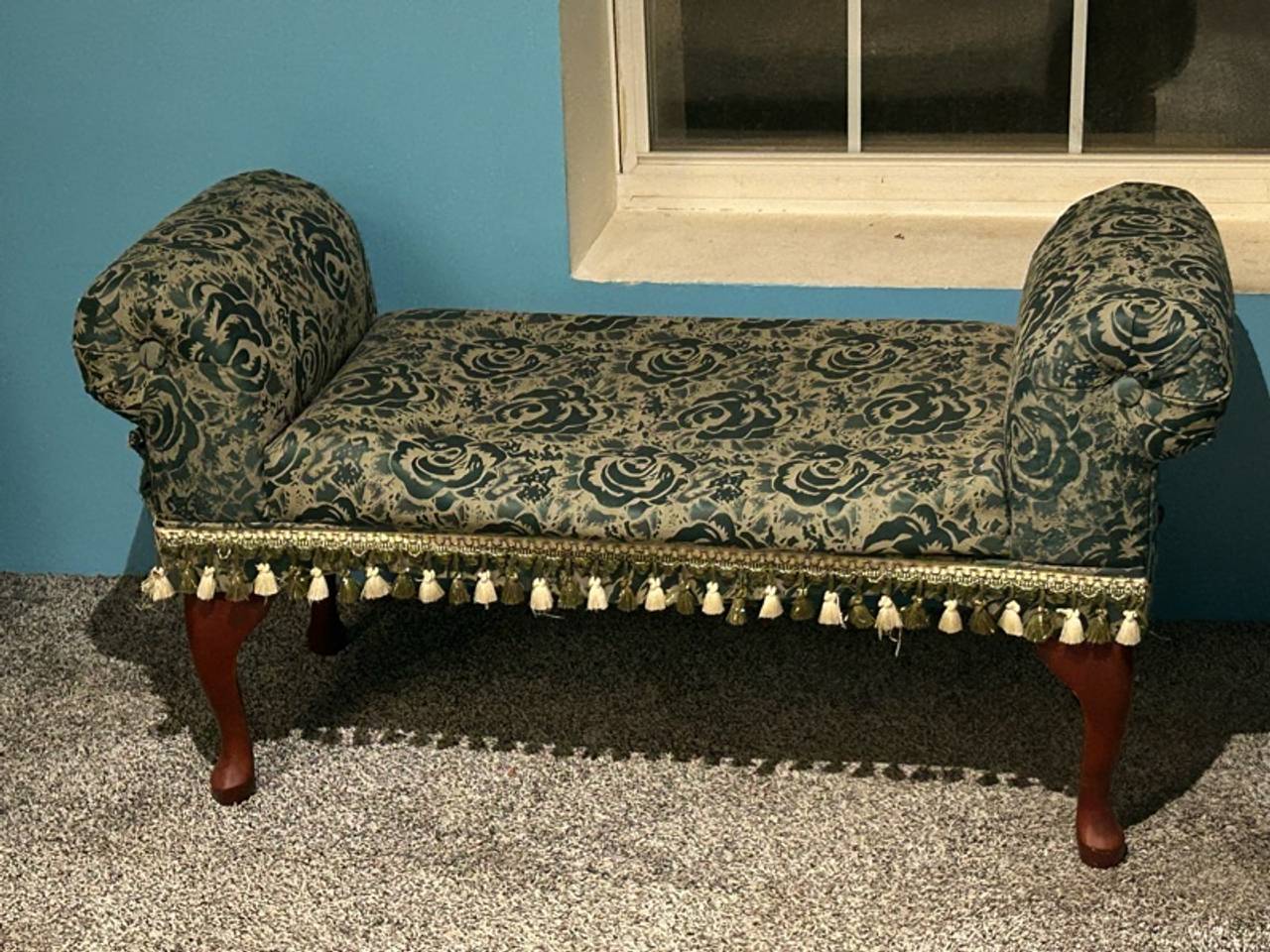 Upholstered Carved Mahogany Bench with Rolled Arms