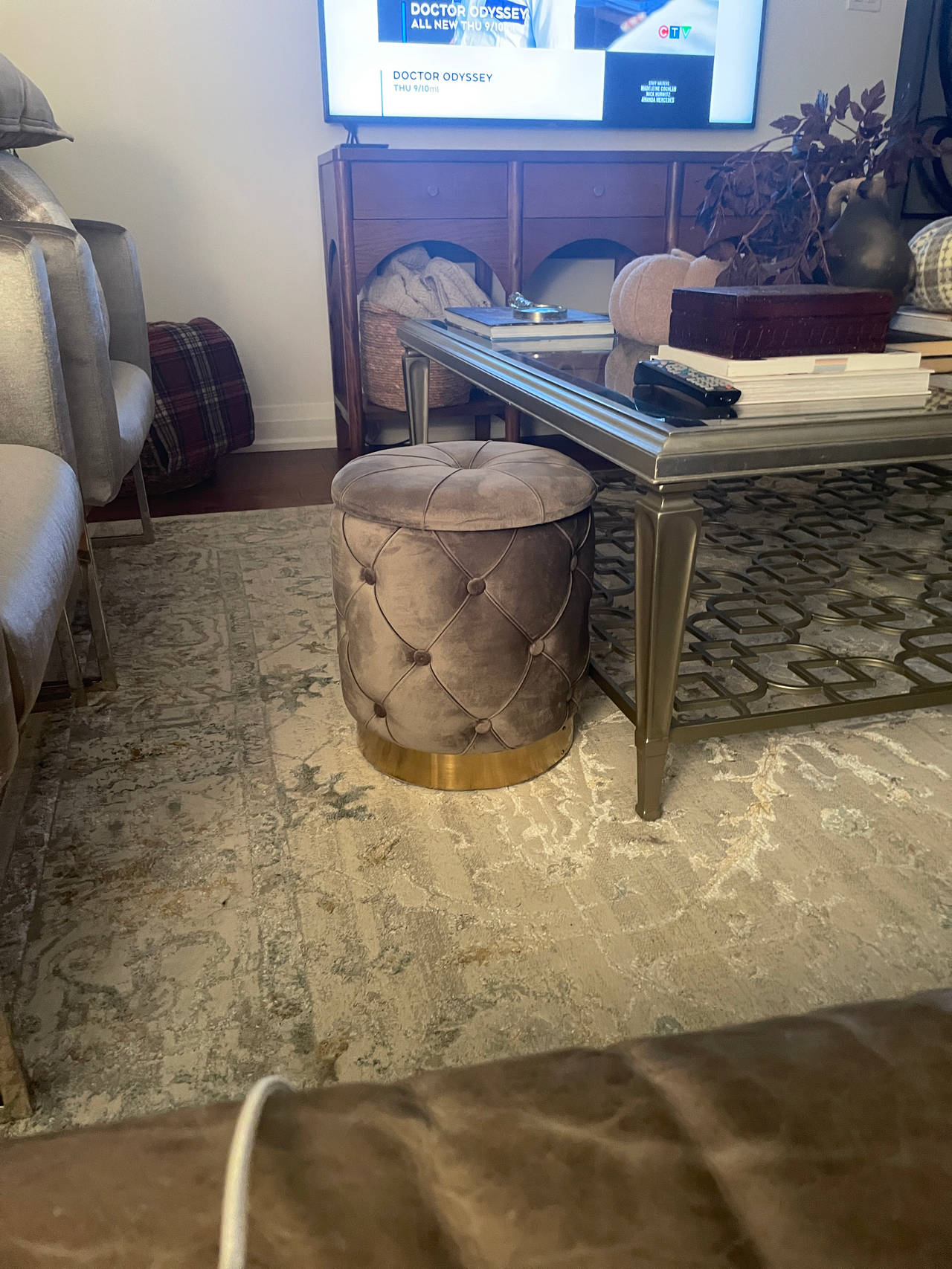 Velvet Tufted Ottoman with Gold Base