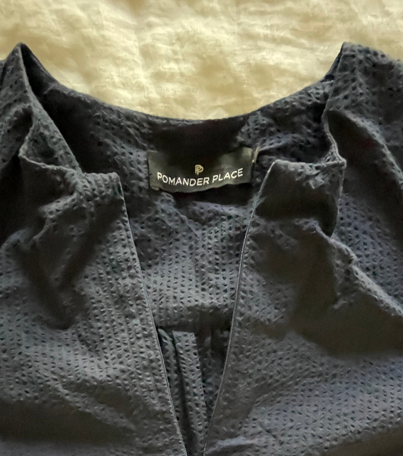Pomander Place Navy Seersucker V-Neck Blouse