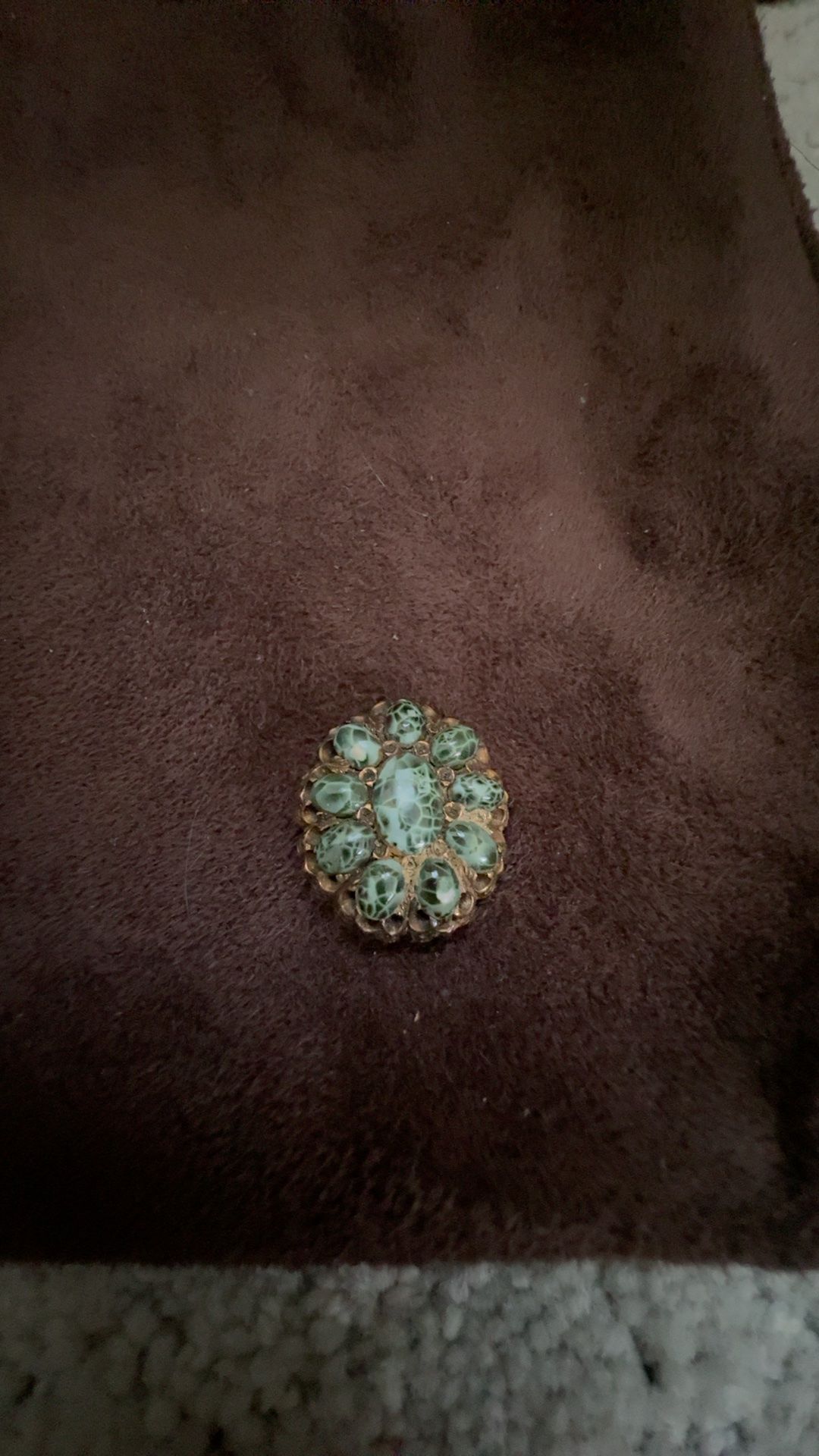 Green Stone Enamel Brass Filigree Brooch