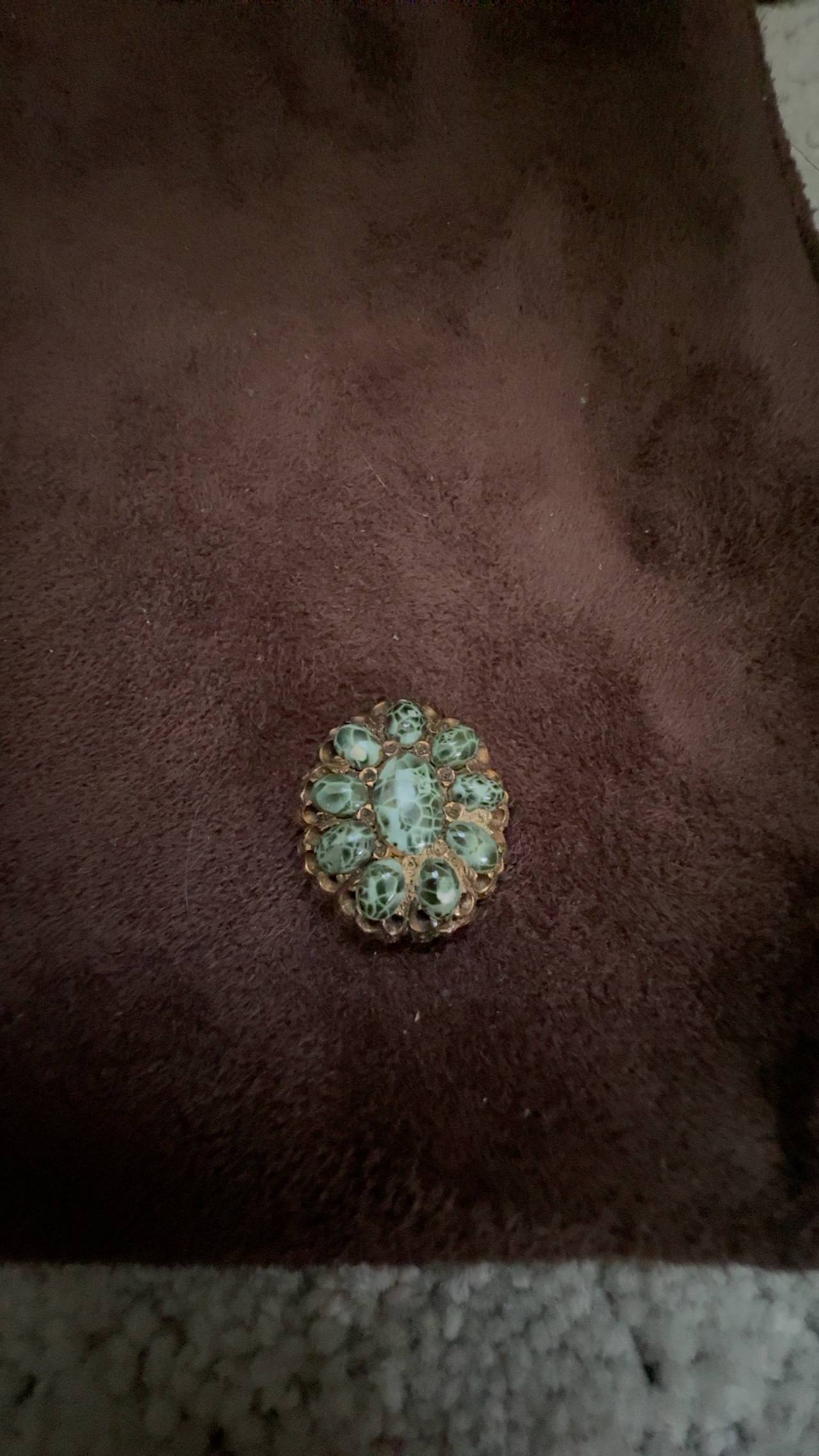 Green Stone Enamel Brass Filigree Brooch