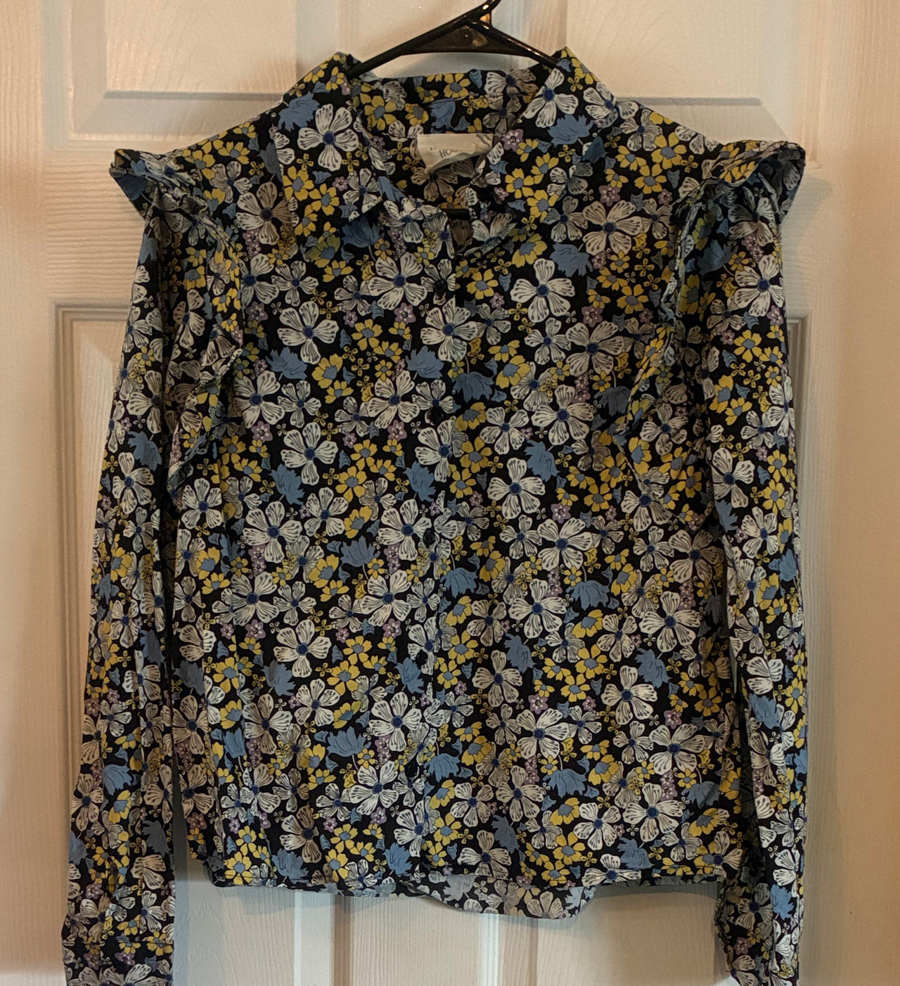 Hyacinth House Floral Ruffle Shoulder Button-Down Shirt