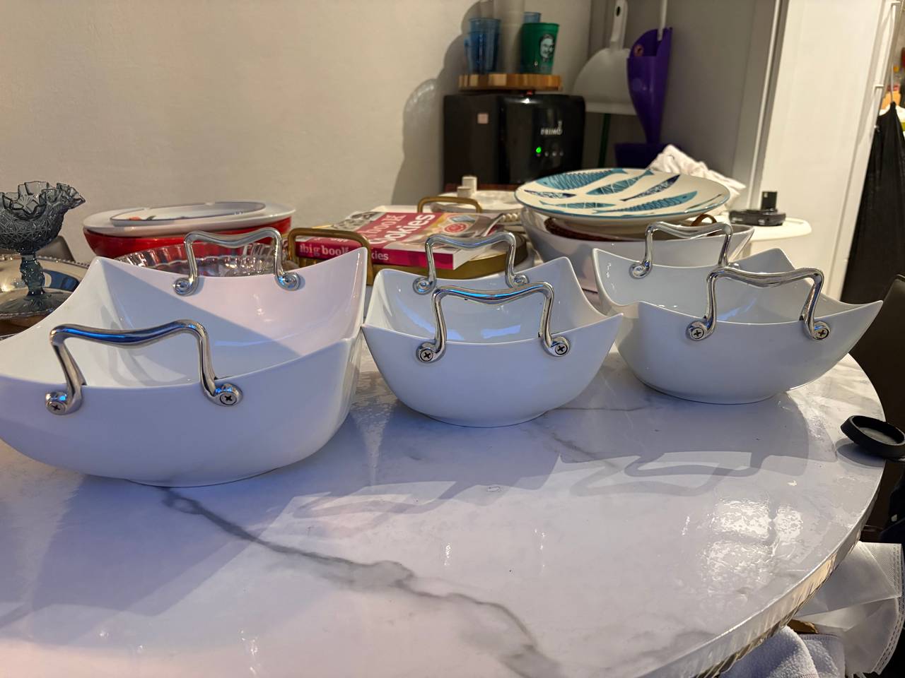 Ceramic Nesting Serving Bowls with Metal Handles