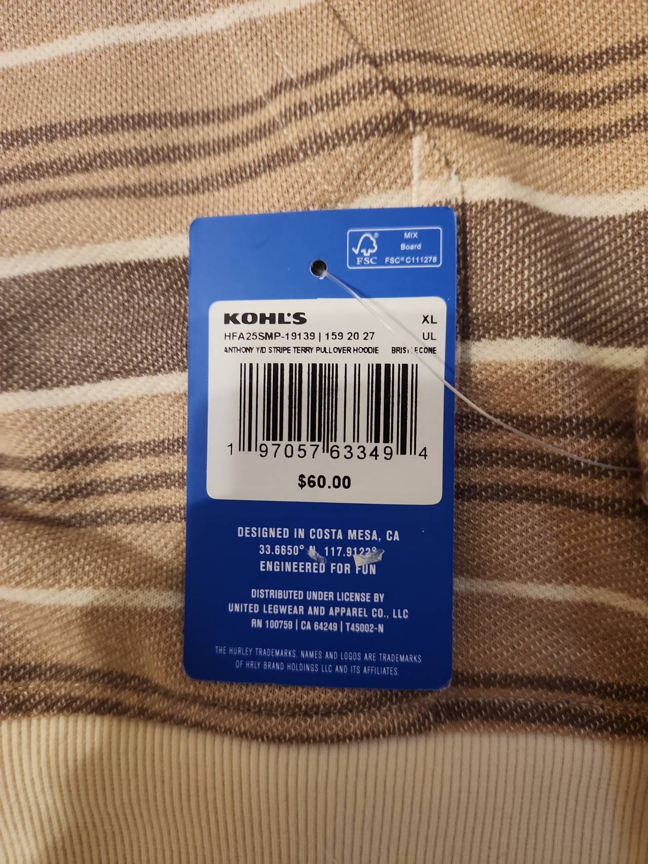 Hurley Men's Striped Pullover Hoodie Size XL