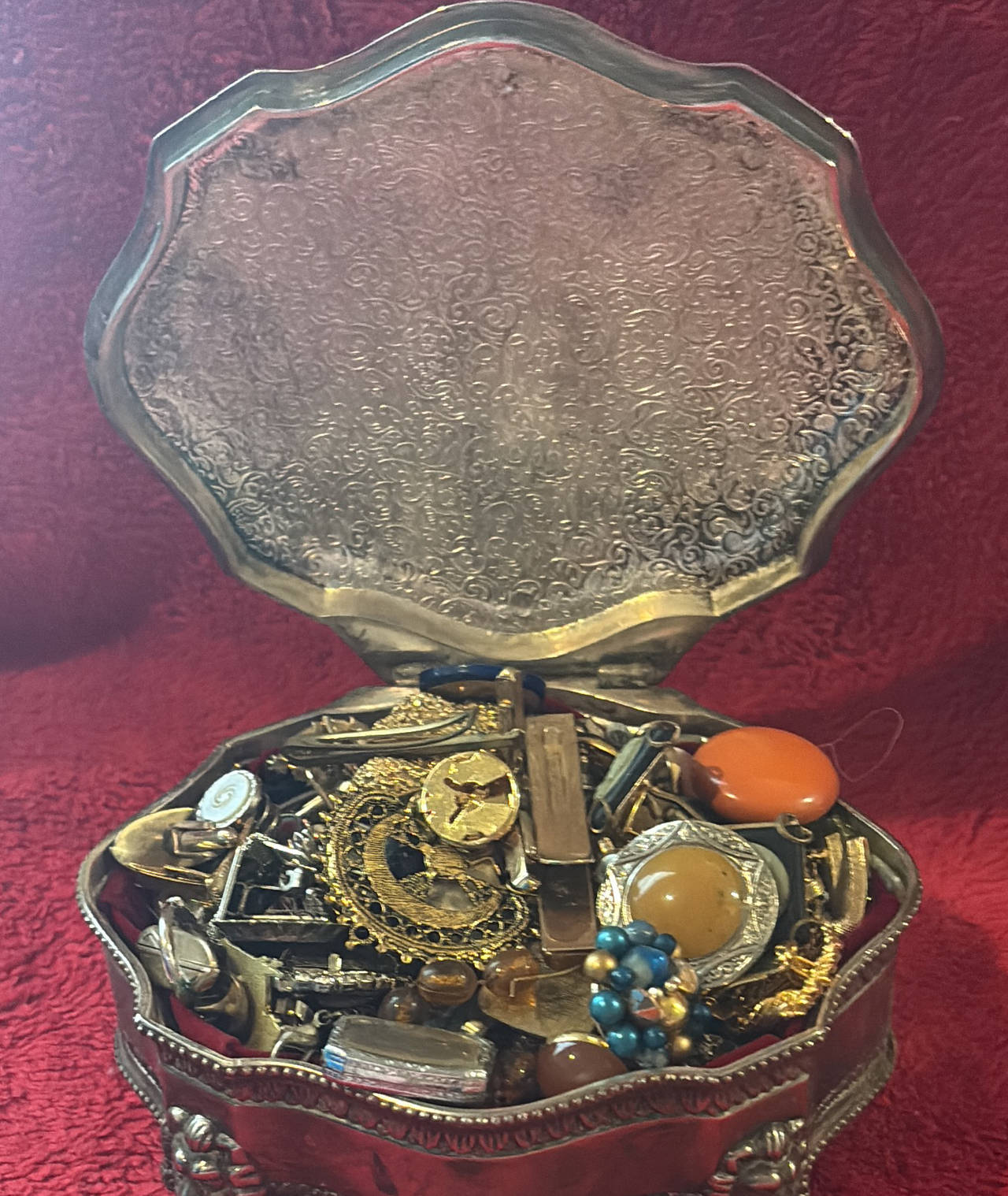 Vintage Silver Tone Jewelry Box with Mixed Costume Jewelry Lot