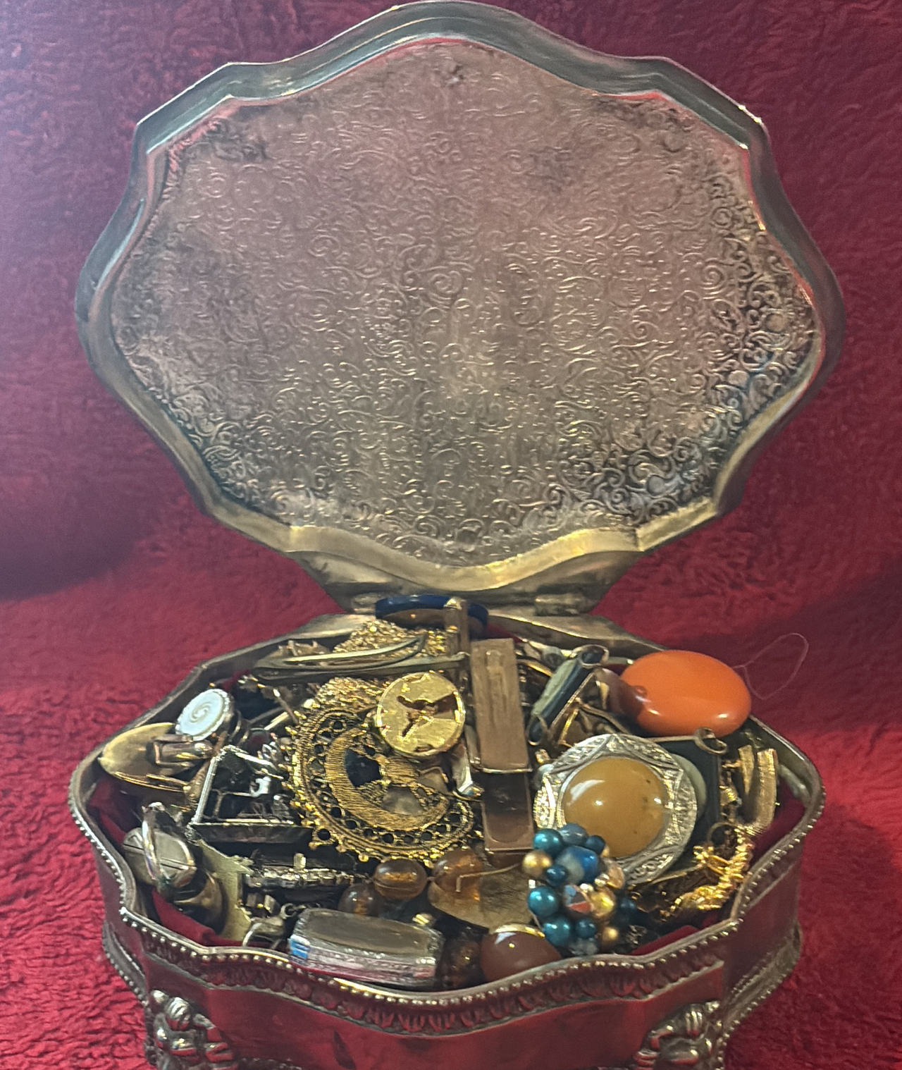 Vintage Silver Tone Jewelry Box with Mixed Costume Jewelry Lot