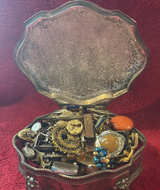 Vintage Silver Tone Jewelry Box with Mixed Costume Jewelry Lot - Image 1