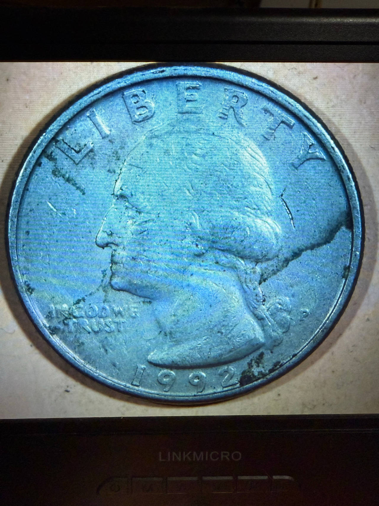 1992 Washington Quarter Dollar strike through lamination error G4