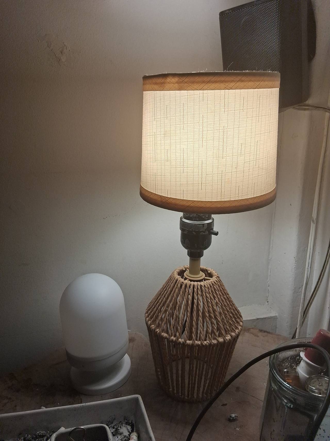 Woven Rattan Table Lamp with Fabric Shade