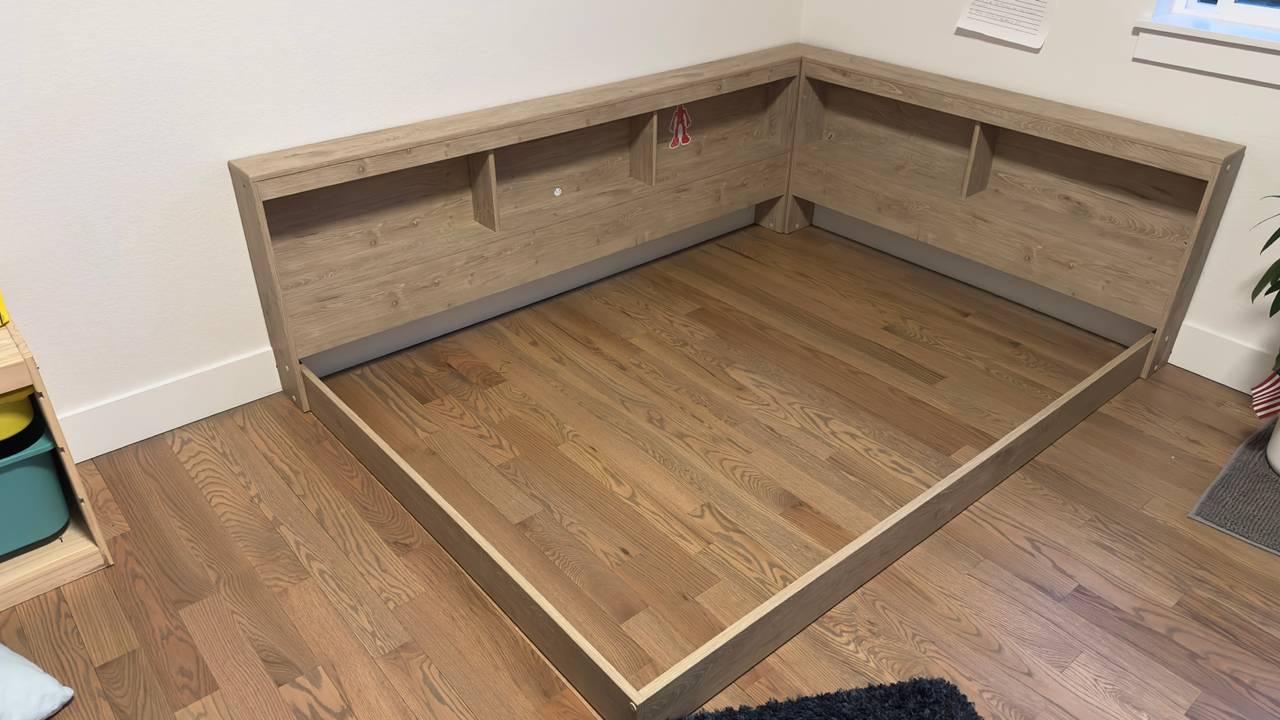 Full size junior bed frame with built-in shelves
