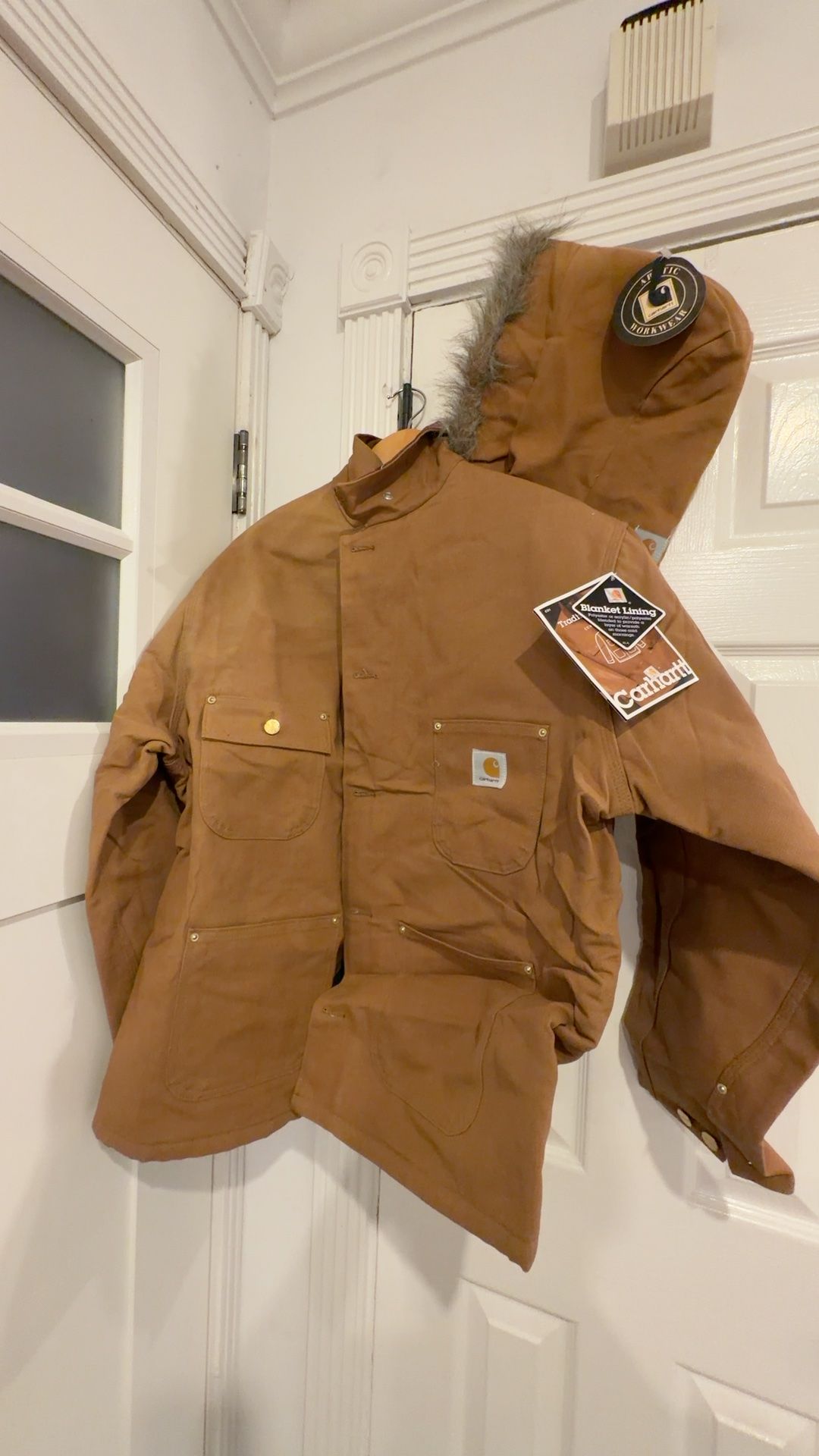 Carhartt Blanket Lined Work Chore Jacket Brown Traditional Duck 6BLC Hood 48R