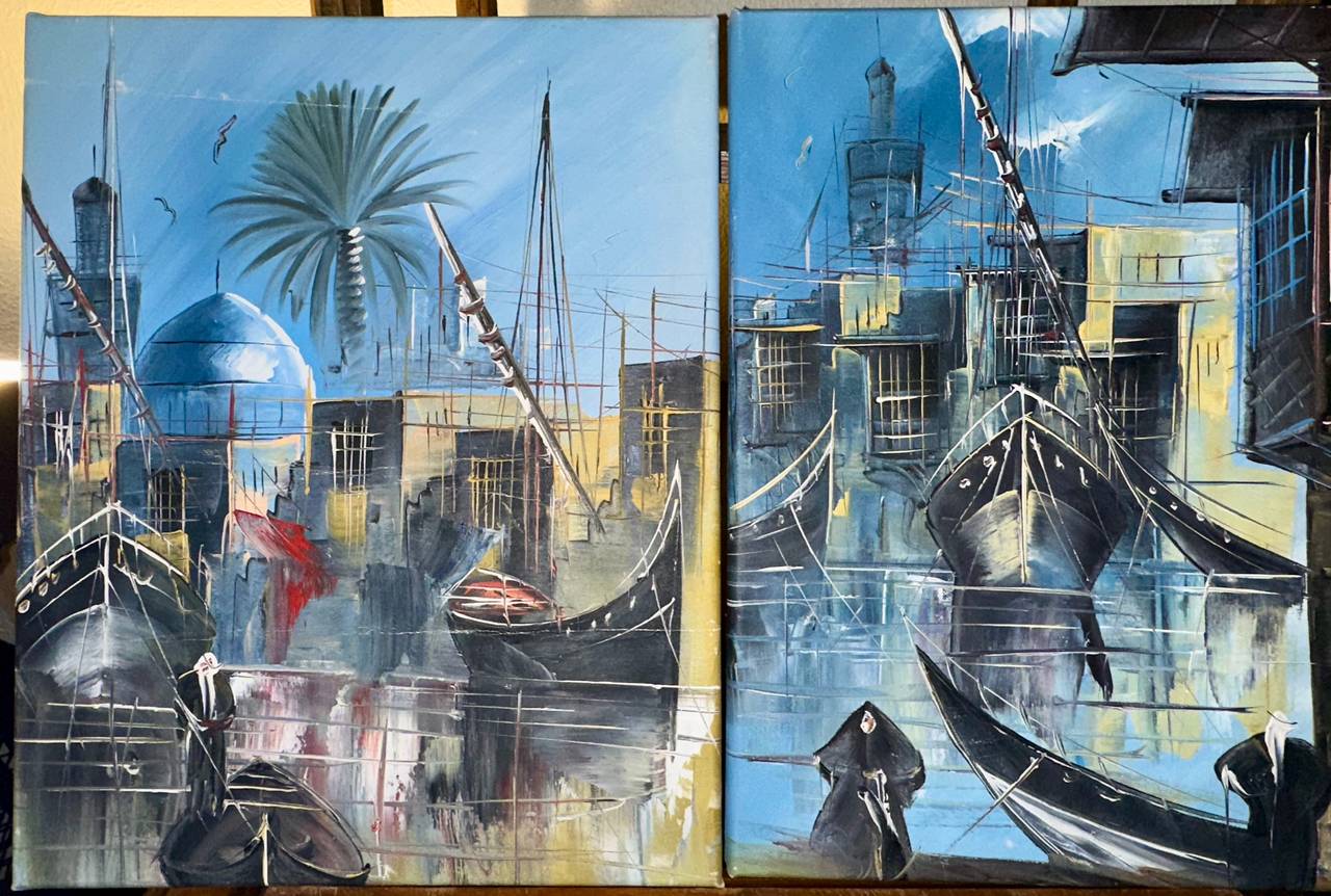 Vintage Mid-Century Harbor Scene Oil Paintings