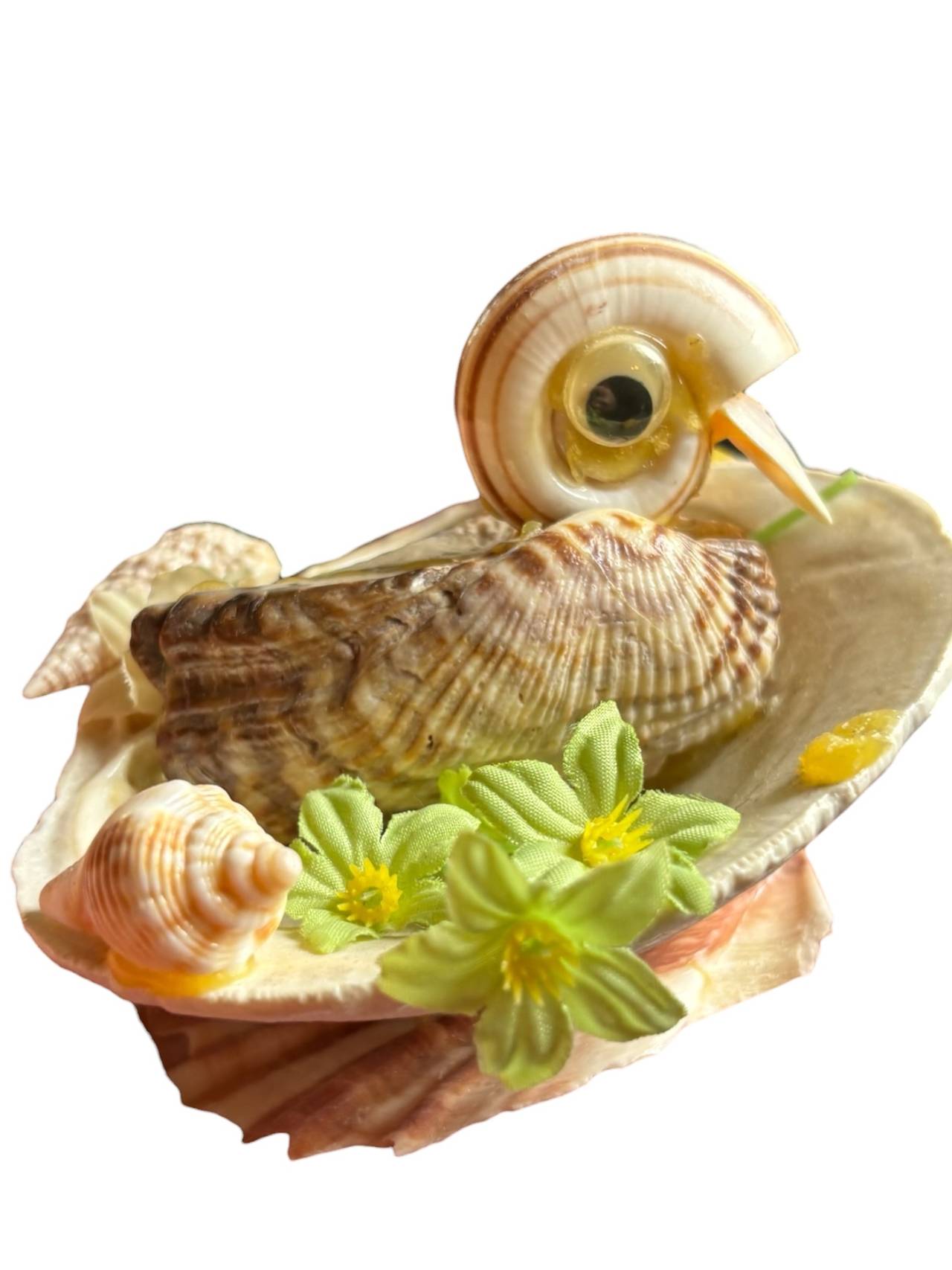 Handmade Seashell Bird Figurine with Flowers