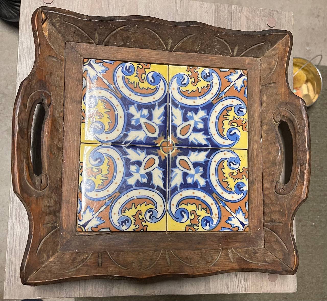 Wooden Serving Tray with Decorative Ceramic Tiles