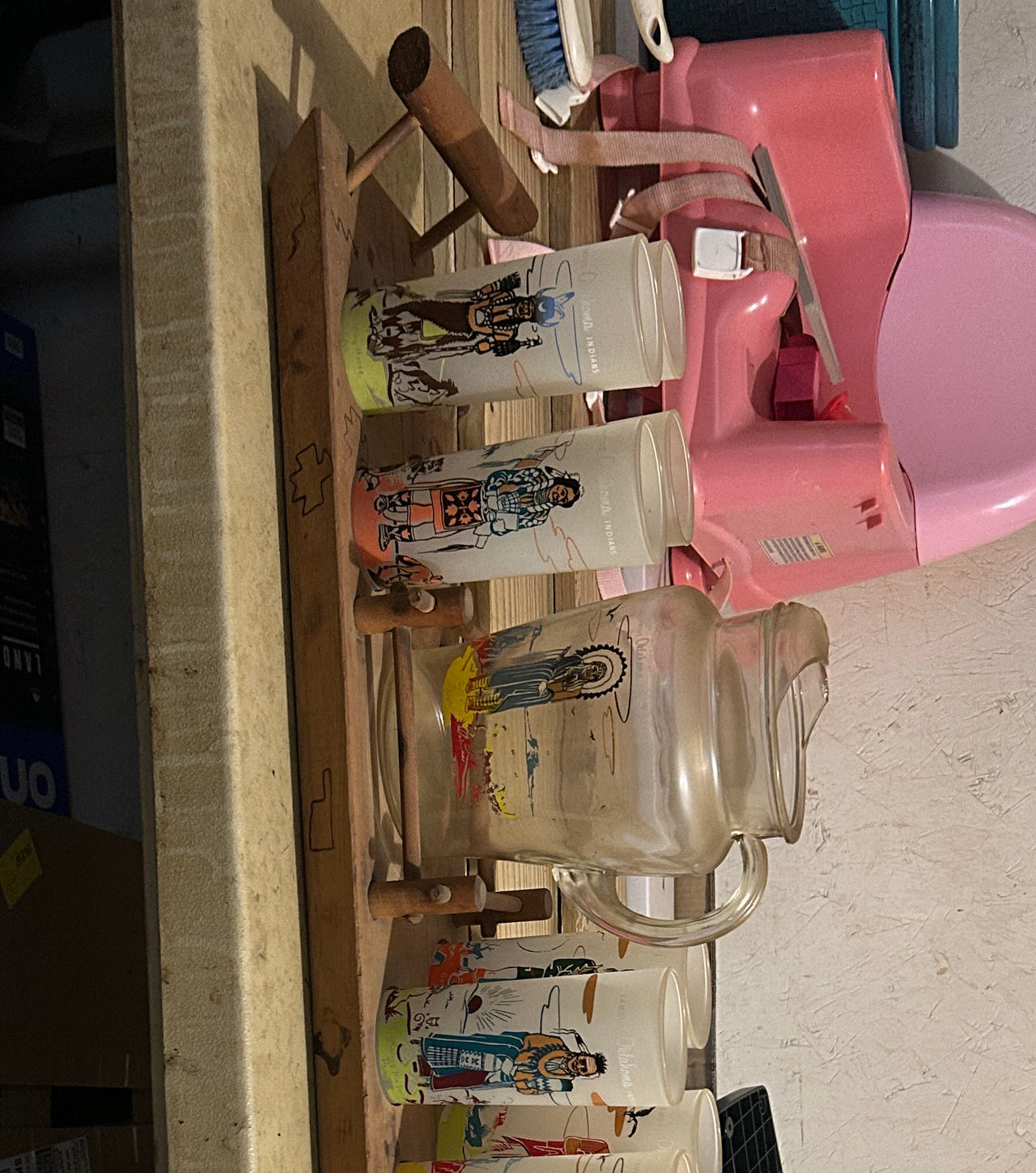 Vintage Gay Fad Native American Glassware Set with Wood Rack