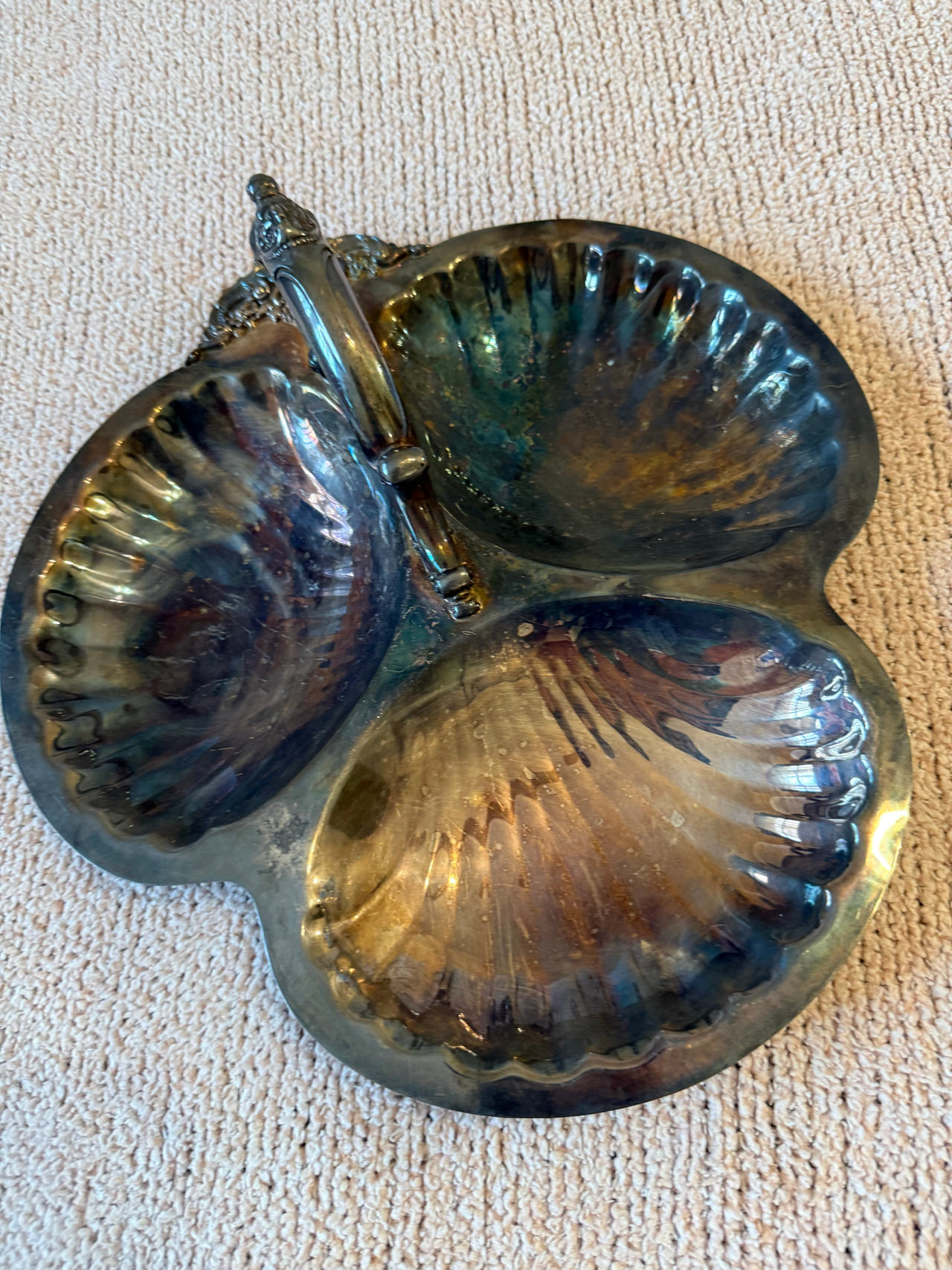 Vintage Silver Plate Triple Shell Serving Dish with Handle