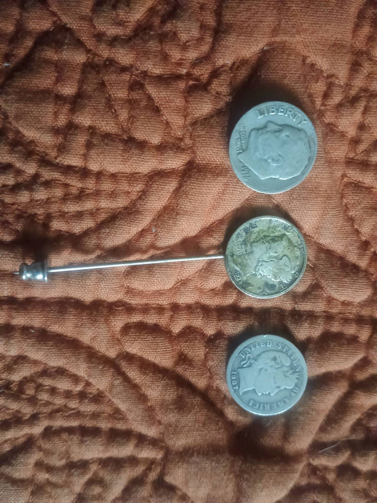 Vintage 1907 and 1927 Mercury Dime Stick Pin