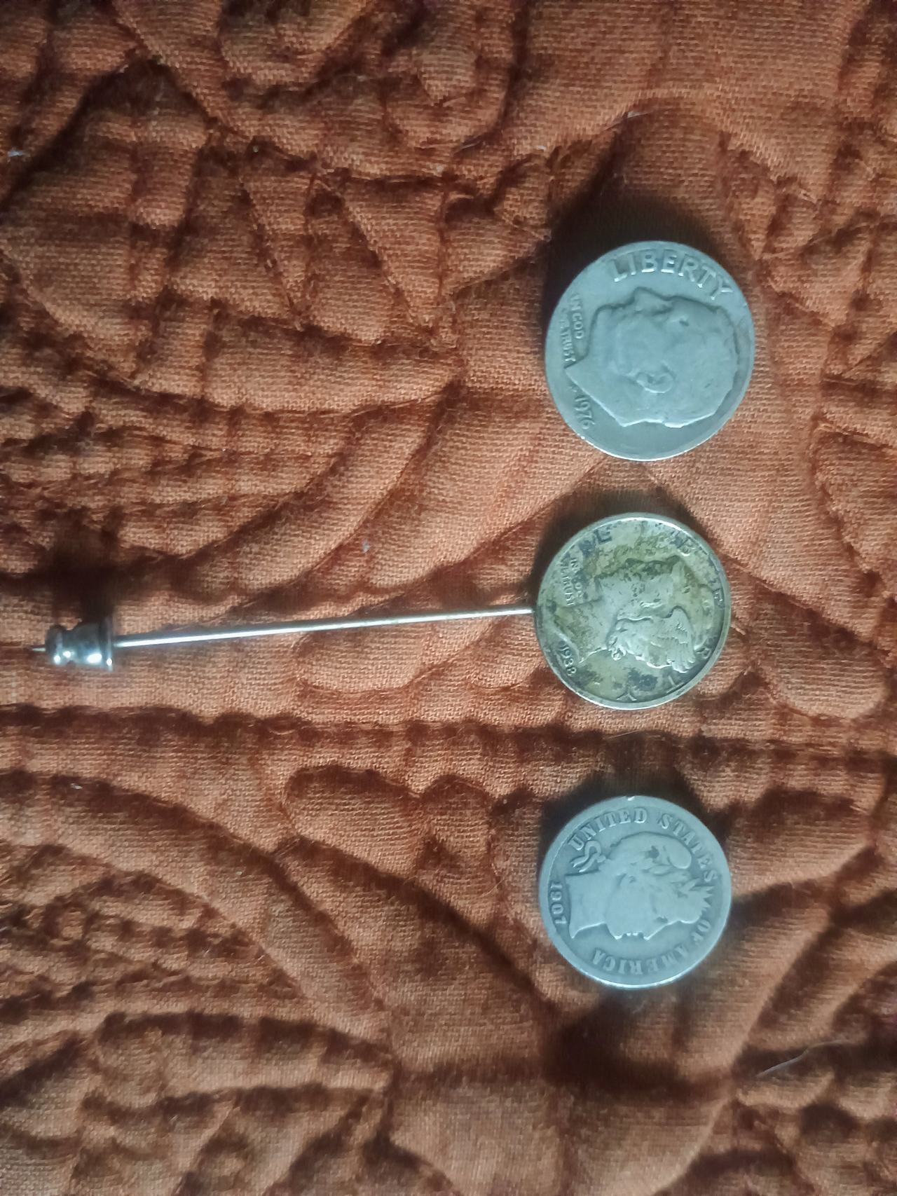 Vintage 1907 and 1927 Mercury Dime Stick Pin