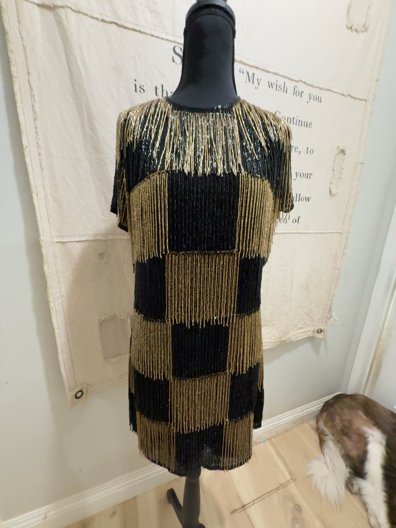 ASOS Black and Gold Beaded Fringe Mini Dress