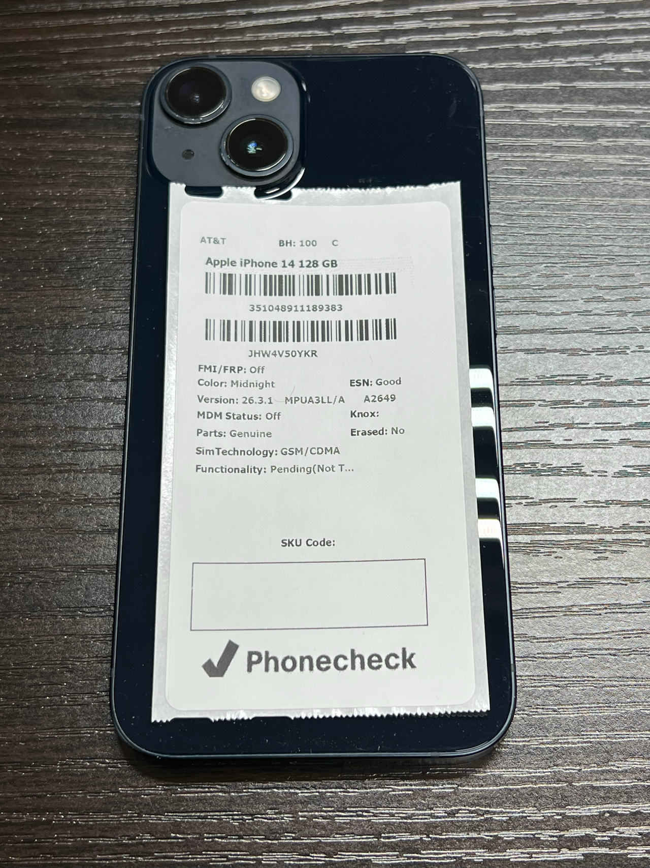 Apple iPhone 14 128GB Midnight (AT&T) 100% battery health