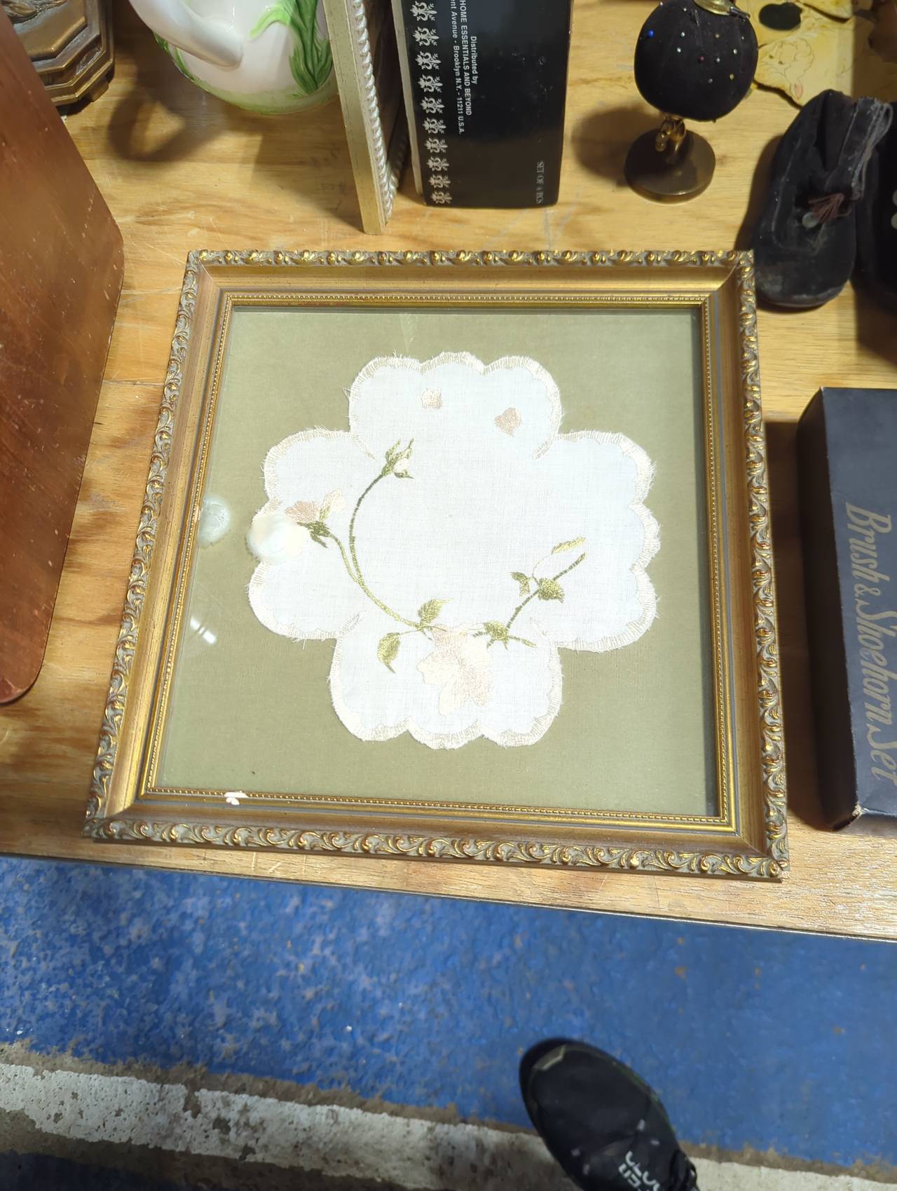 Vintage Framed Embroidered Floral Doily Art