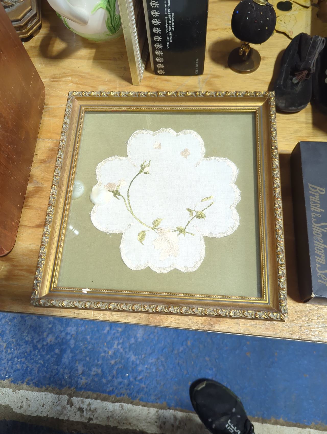 Vintage Framed Embroidered Floral Doily Art