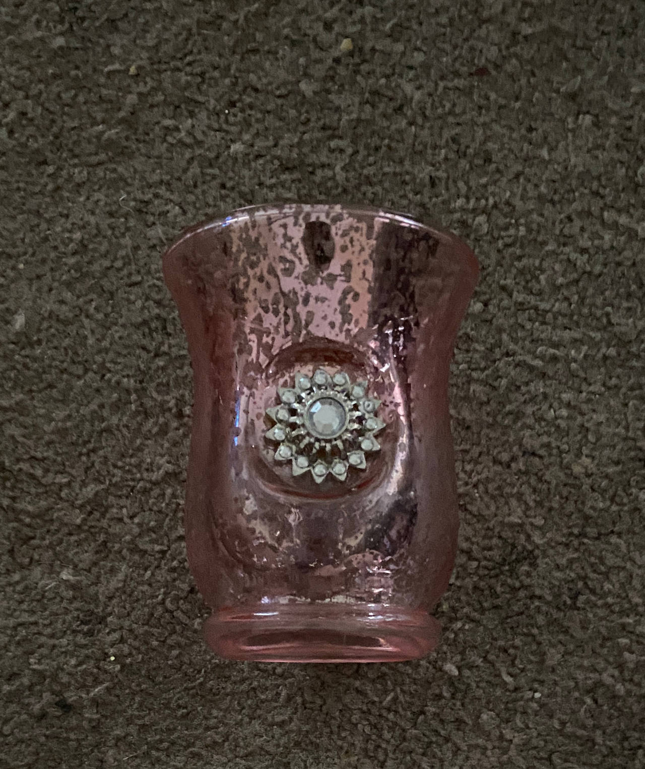 Pink Mercury Glass Votive Candle Holder with Rhinestone Medallion