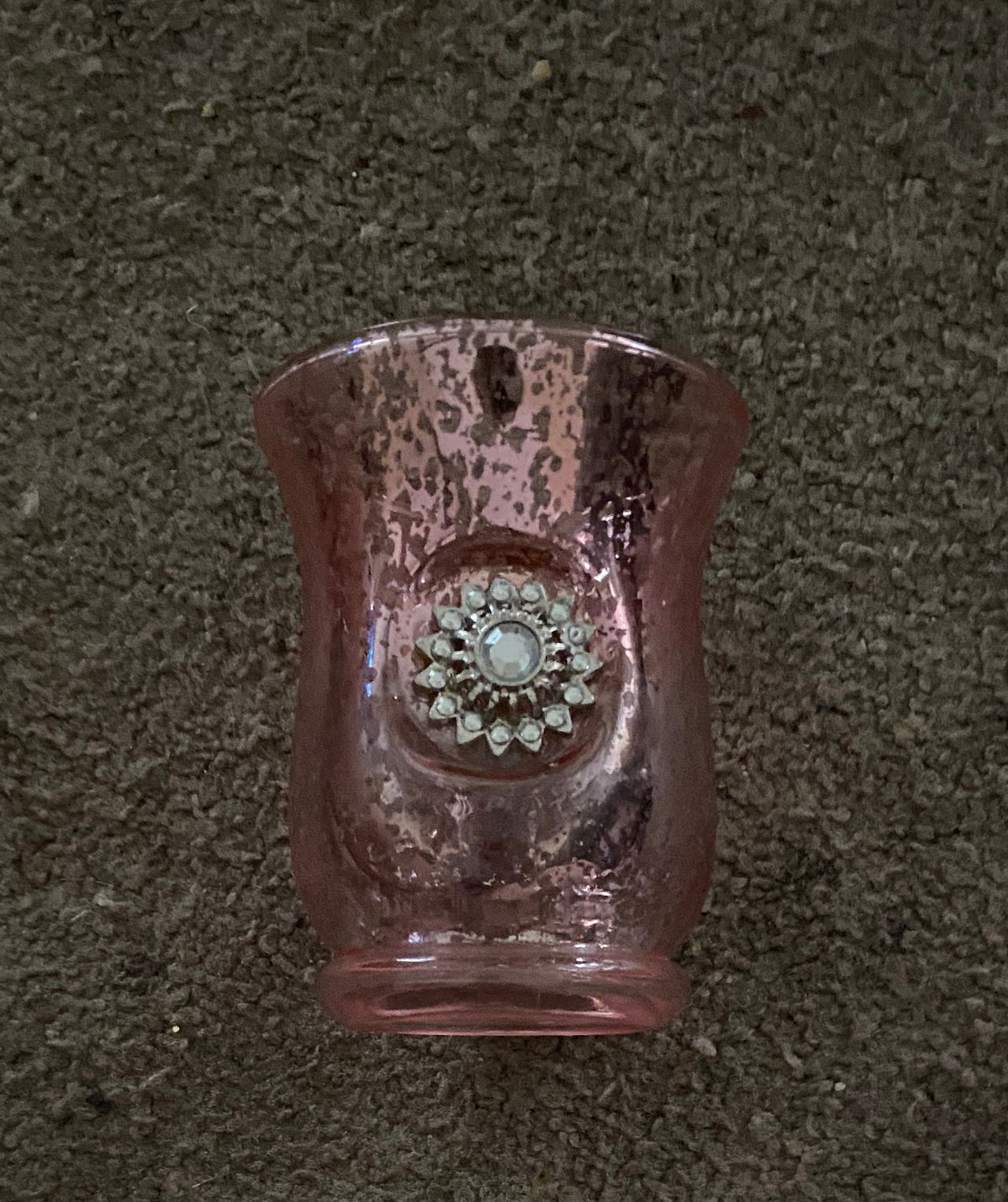 Pink Mercury Glass Votive Candle Holder with Rhinestone Medallion