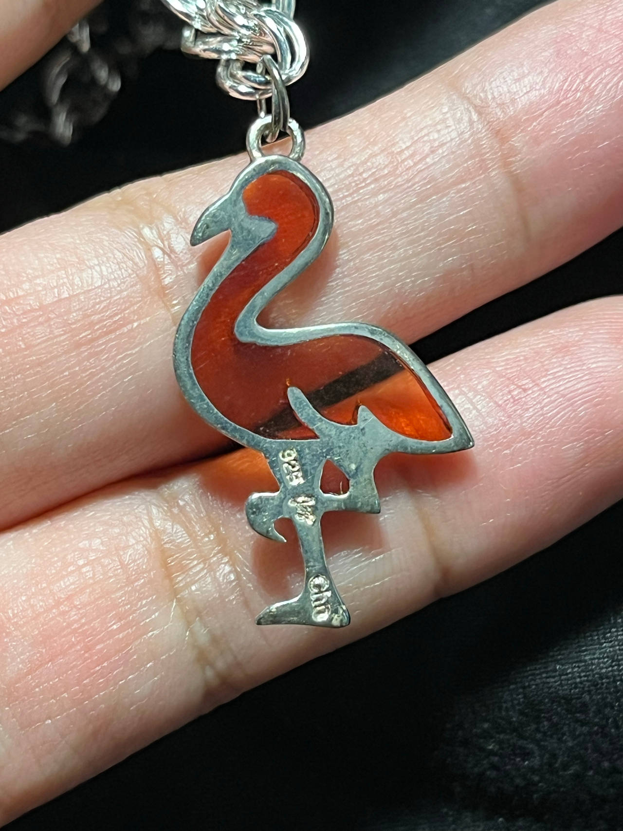 Sterling Silver Flamingo Pendant Necklace – Red Inlay, 925 CHO